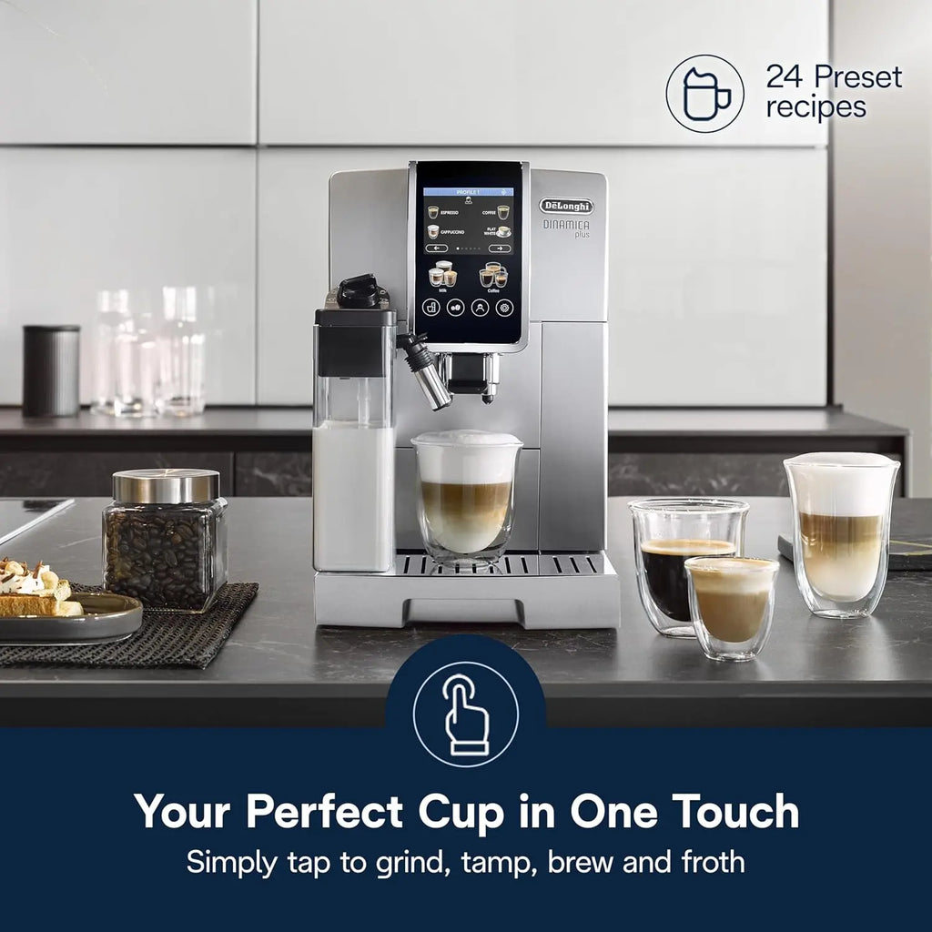 De'Longhi Dinamica Plus Fully Automatic Espresso Machine - Brew Personalized Coffee for up to 4 User Profiles, 24+ Recipes, Built in Grinder & Automatic Milk Steam Wand with 3 Frother Modes - Crema Peaks Coffee
