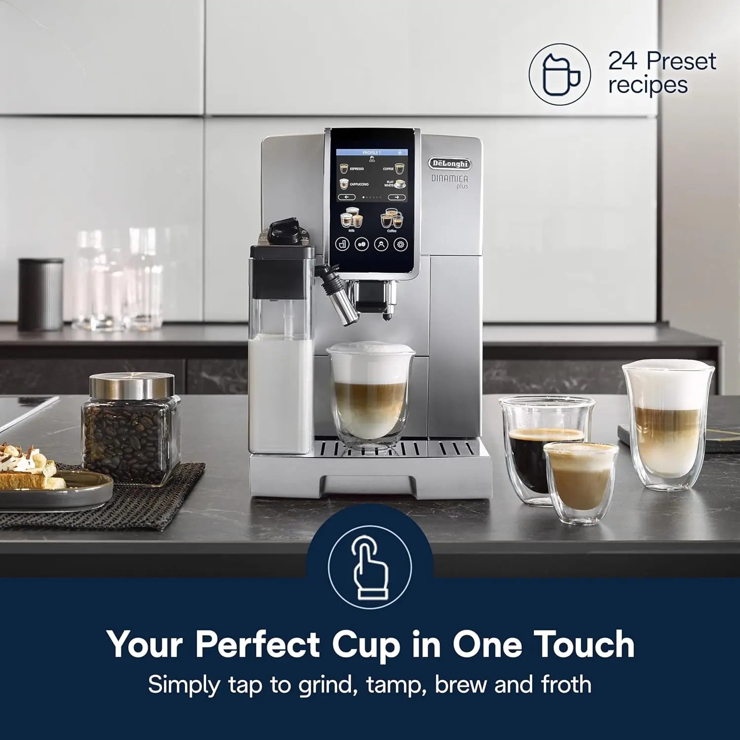 De'Longhi Dinamica Plus Fully Automatic Espresso Machine - Brew Personalized Coffee for up to 4 User Profiles, 24+ Recipes, Built in Grinder & Automatic Milk Steam Wand with 3 Frother Modes - Crema Peaks Coffee