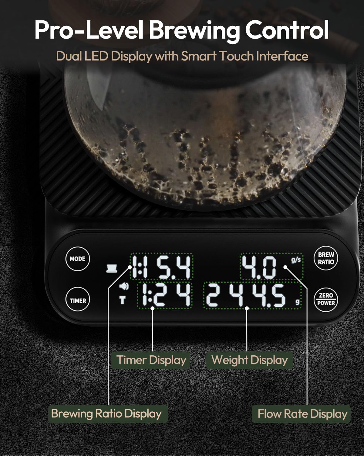 Maestri House S3 Coffee Scale with Timer, 3kg/0.1g Rechargeable Digital Scale, 3 Brew Modes, Adjustable Ratios & Flow Rate Display, Barista-Grade for Pour-Over, Espresso, French Press – Black - Crema Peaks Coffee