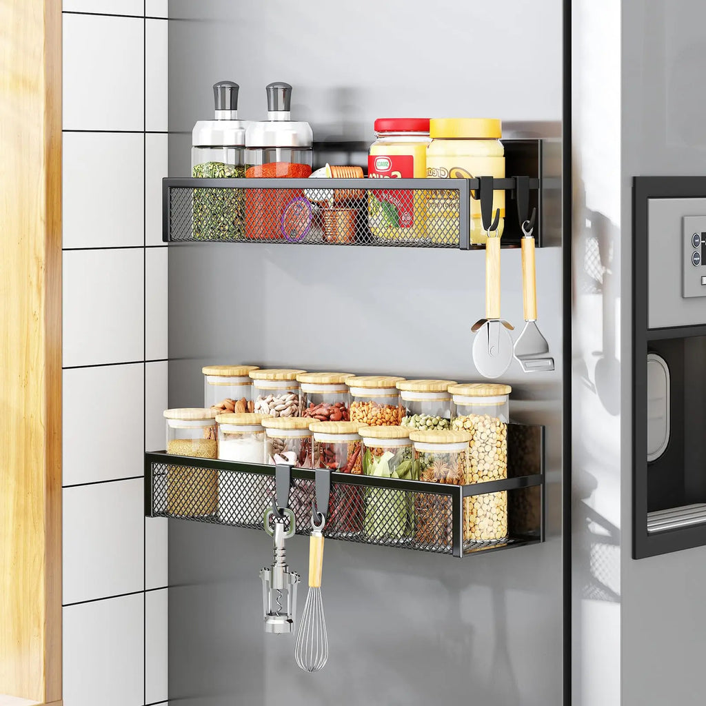 Magnetic Spice Rack for Refrigerator, 3 Pack Magnetic Shelf, Moveable Fridge Organizer with 8-Hook Rack, Seasoning Organizer for Kitchen - Crema Peaks Coffee