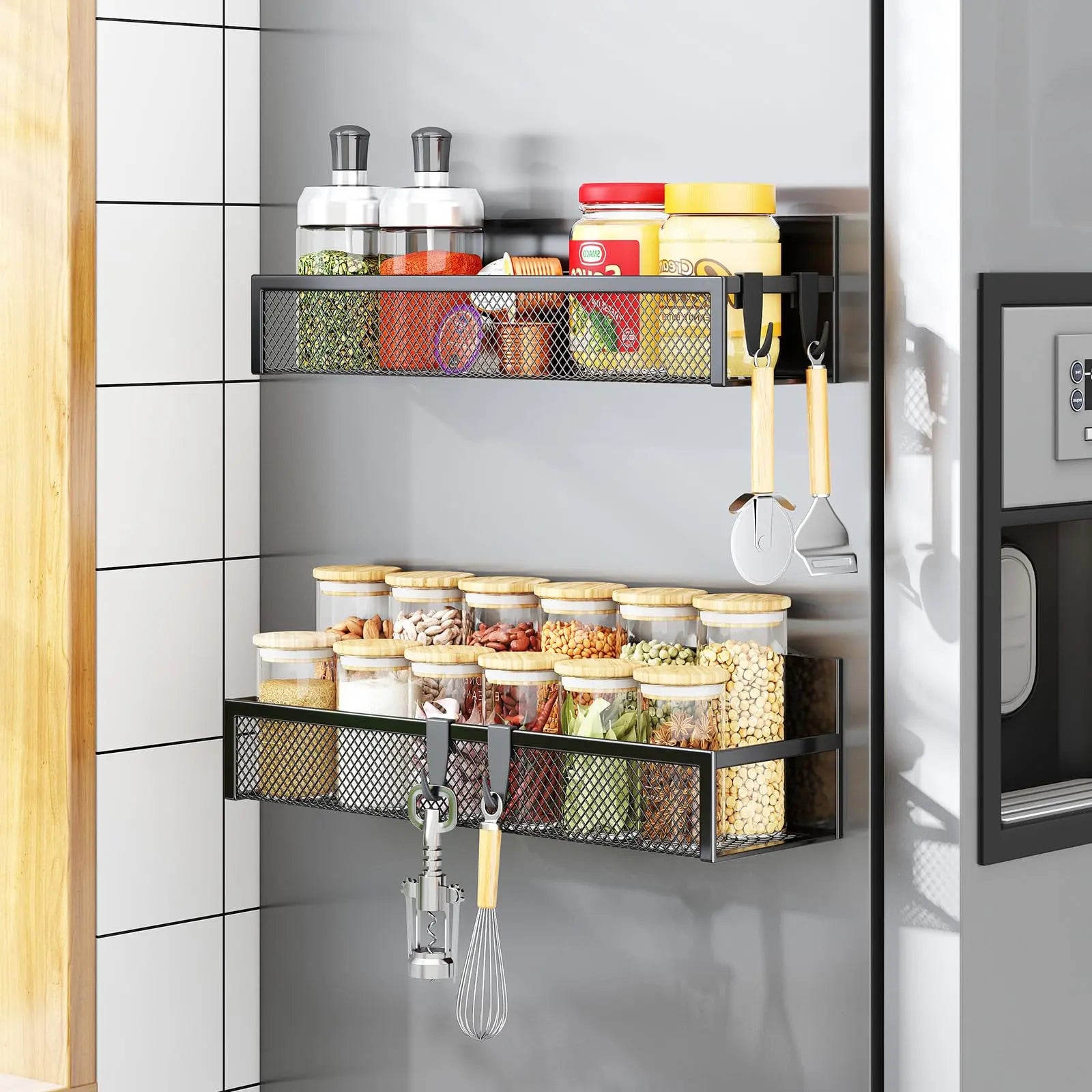 Magnetic Spice Rack for Refrigerator, 3 Pack Magnetic Shelf, Moveable Fridge Organizer with 8-Hook Rack, Seasoning Organizer for Kitchen - Crema Peaks Coffee