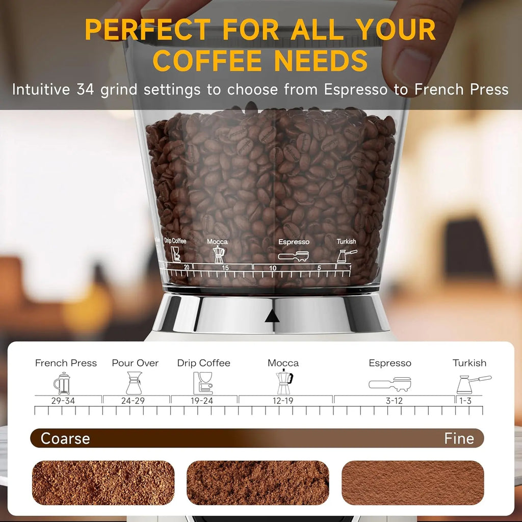 Conical Burr Coffee Grinder with 40mm Stainless Steel Burr, 34 Grind Settings Anti-static, Electric Espresso Grinder for Home Use – Perfect for Espresso, Drip Coffee, French Press & Cold Brew, White - Crema Peaks Coffee