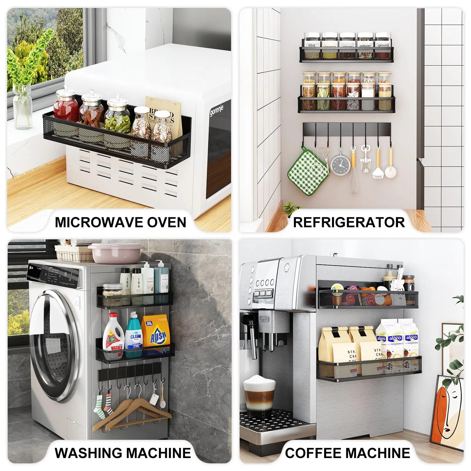 Magnetic Spice Rack for Refrigerator, 3 Pack Magnetic Shelf, Moveable Fridge Organizer with 8-Hook Rack, Seasoning Organizer for Kitchen - Crema Peaks Coffee