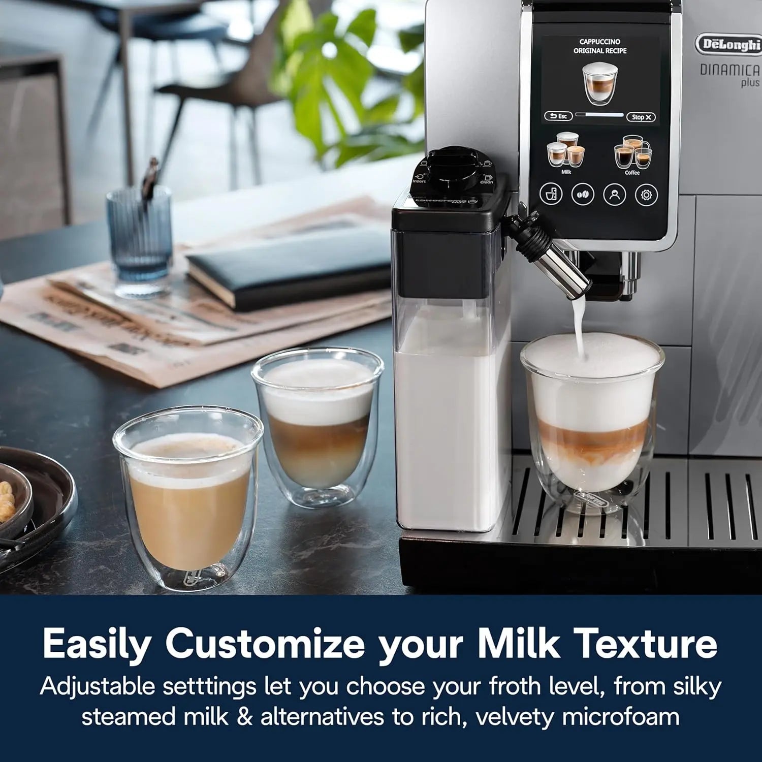 De'Longhi Dinamica Plus Fully Automatic Espresso Machine - Brew Personalized Coffee for up to 4 User Profiles, 24+ Recipes, Built in Grinder & Automatic Milk Steam Wand with 3 Frother Modes - Crema Peaks Coffee
