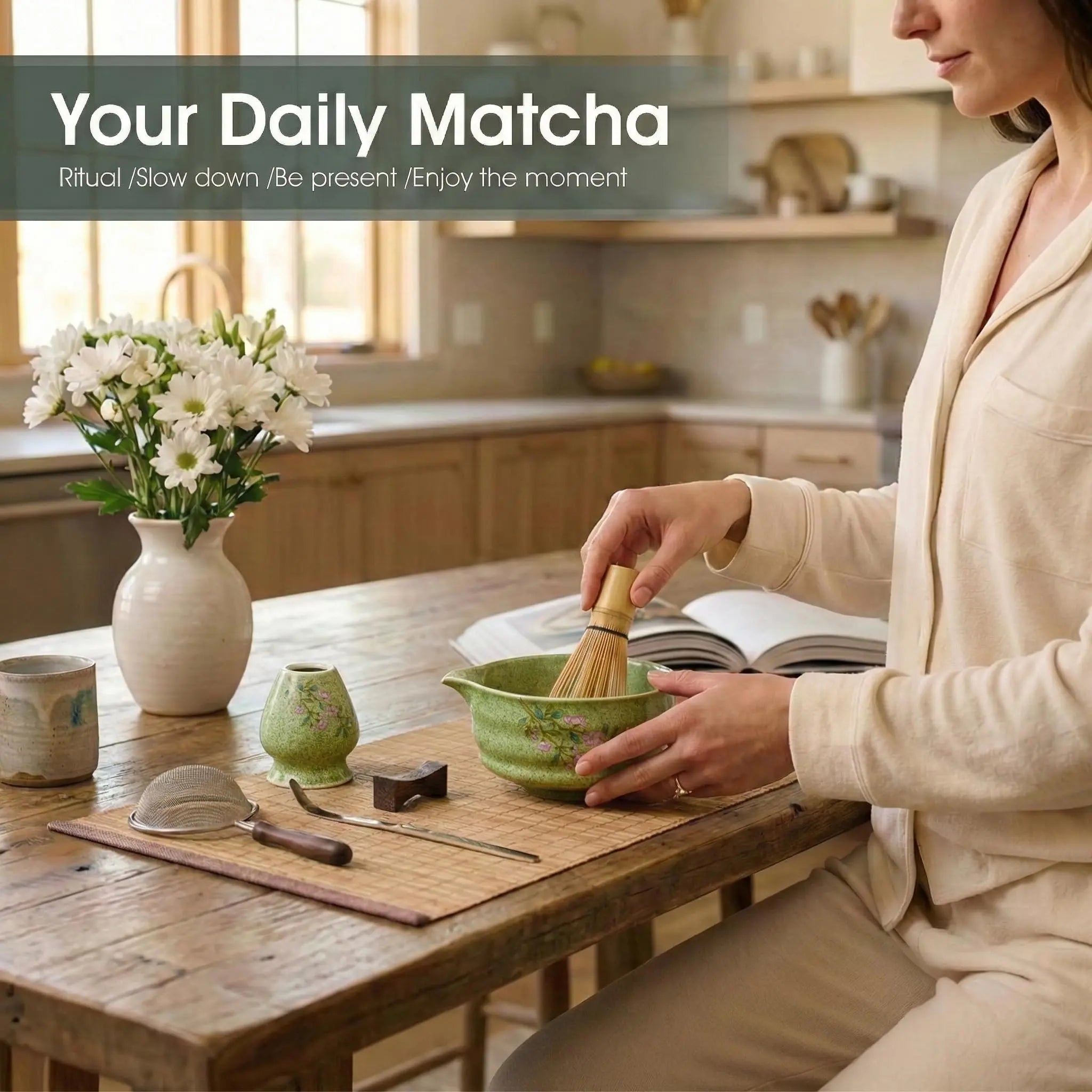 7-Piece Matcha Set with Ceramic Matcha Bowl, Bamboo Whisk (Chasen) & Holder, Sifter, Tea Scoop & Rest, Special Bamboo Tea Mat - Perfect Matcha Kit for Matcha Lovers & Gift Giving, Gilded - Crema Peaks Coffee