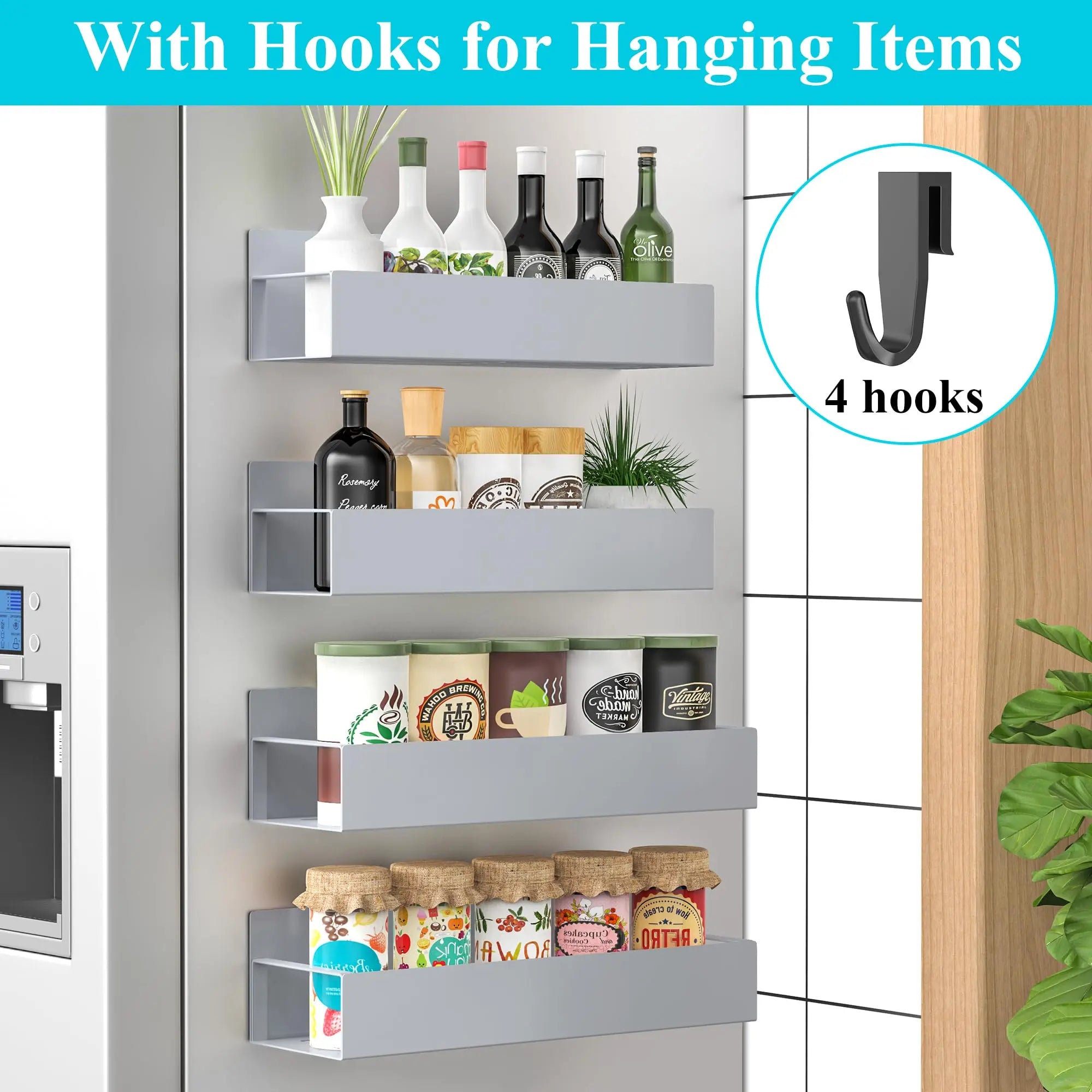 4 Pack Metal Magnetic Spice Storage Rack Organizer for Refrigerator and Oven, Black Fridge Organizers and Storage - Crema Peaks Coffee