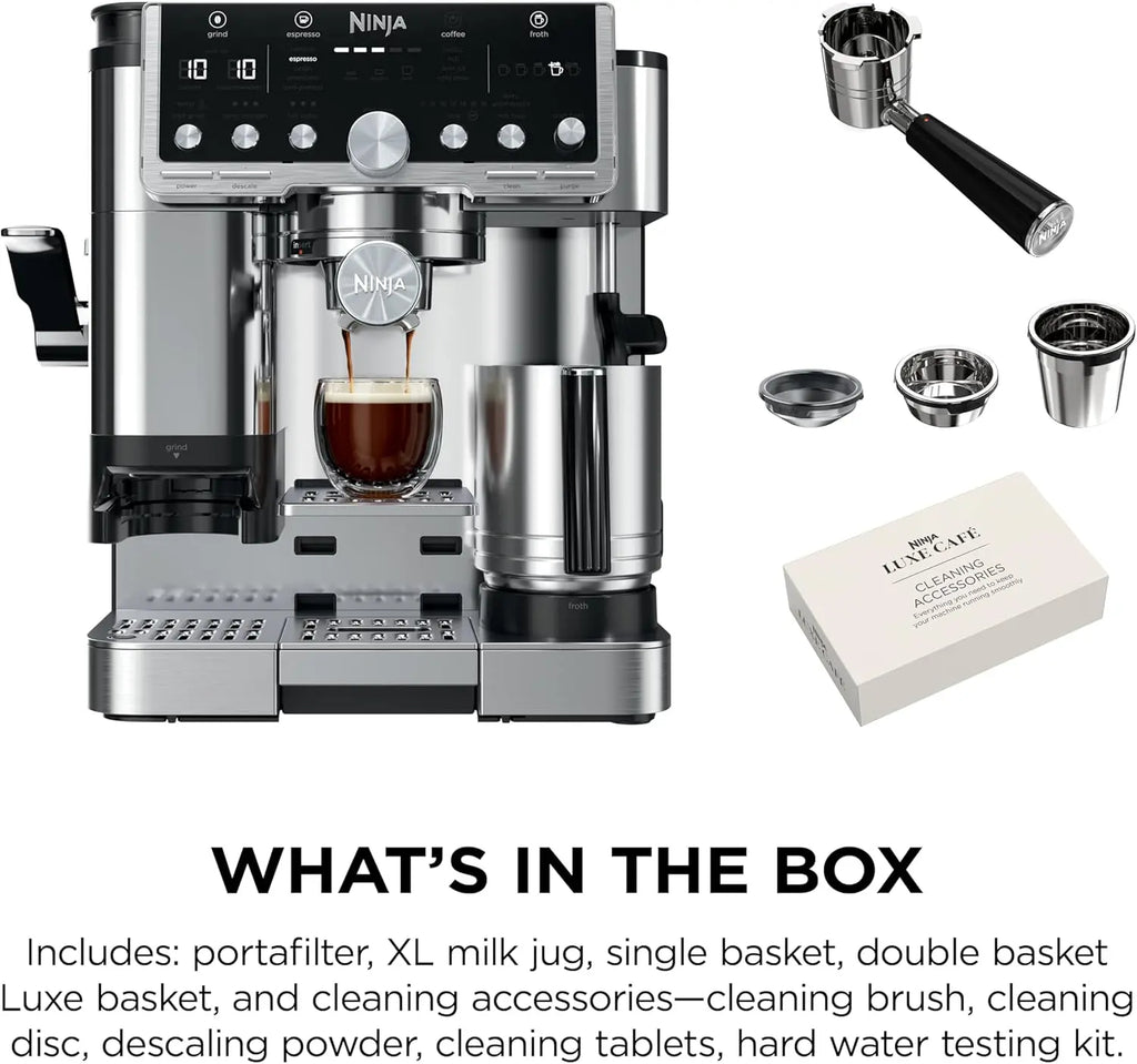 Ninja Luxe Café Pro Series, Espresso Machine, Drip Coffee, Cold Brew, Hot Water, Integrated Tamper, Built-in Grinder, Hands-Free Frother for Cappuccinos, Lattes, Americanos, Dairy or Non-Dairy, ES701 - Crema Peaks Coffee