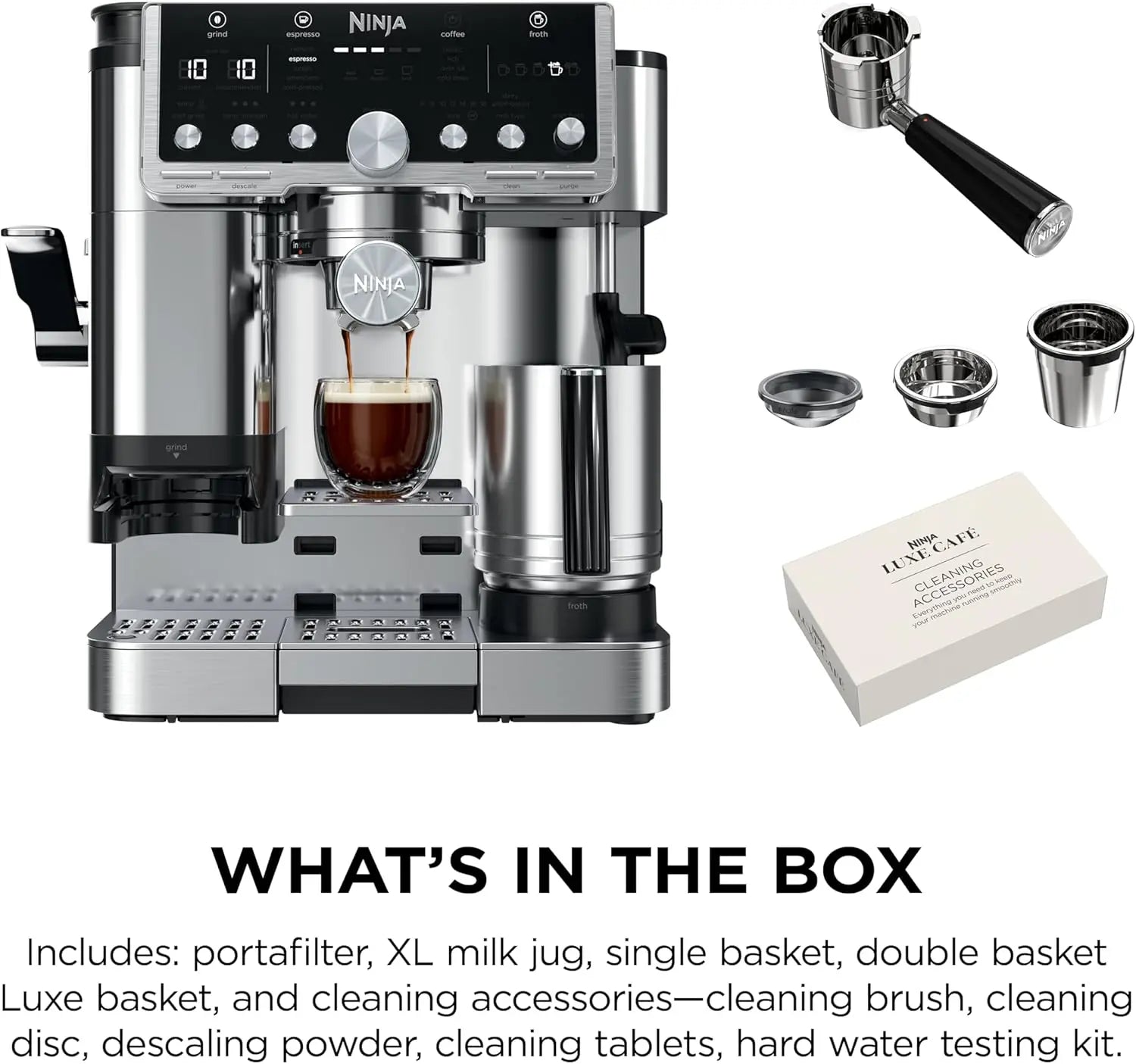 Ninja Luxe Café Pro Series, Espresso Machine, Drip Coffee, Cold Brew, Hot Water, Integrated Tamper, Built-in Grinder, Hands-Free Frother for Cappuccinos, Lattes, Americanos, Dairy or Non-Dairy, ES701 - Crema Peaks Coffee