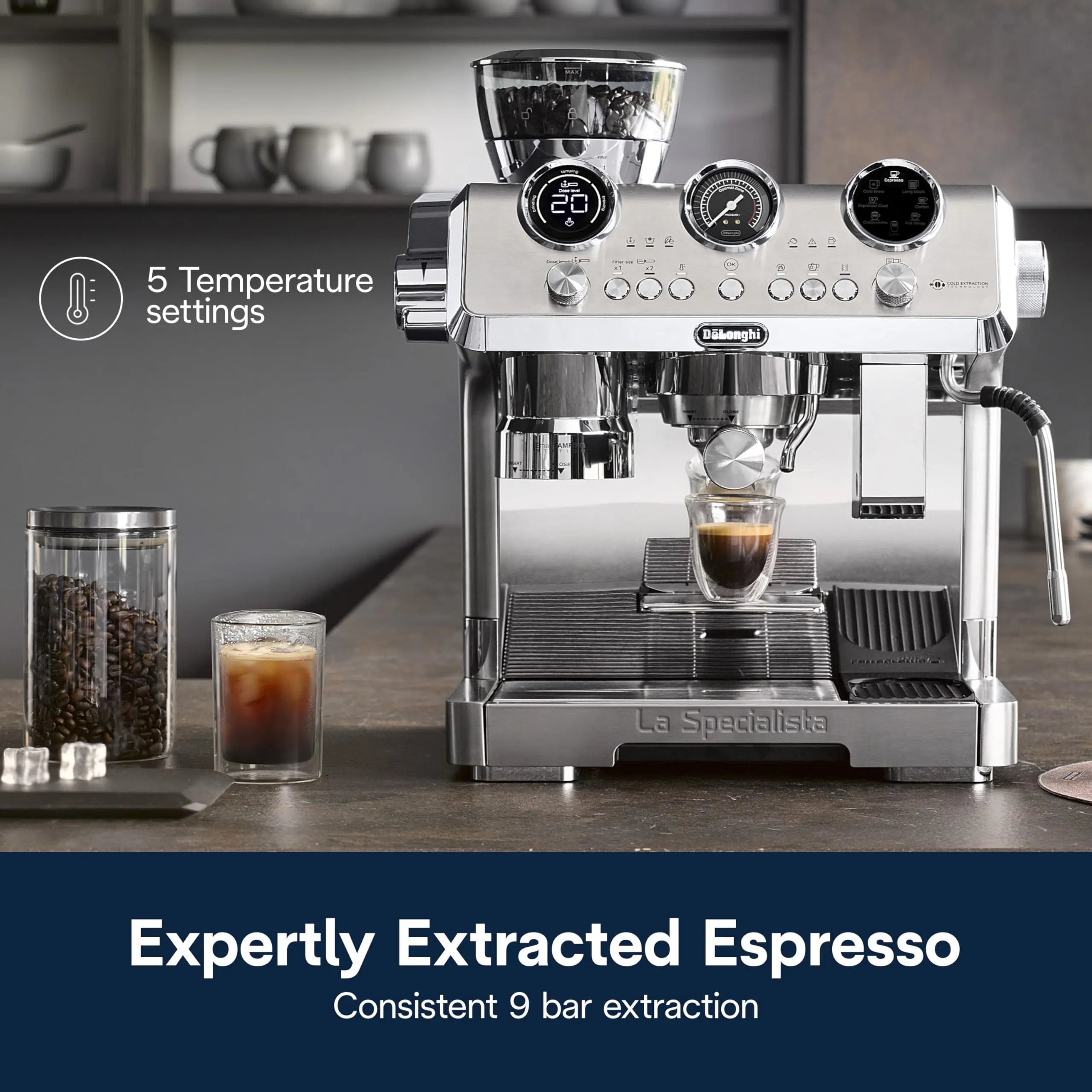 De'Longhi La Specialista Opera Espresso Machine – Cold Brew & Espresso Maker with Smart Tamping, Burr Grinder, Milk Steam Wand/Frother & 19-Bar Pressure – For Lattes & Cappuccinos - Crema Peaks Coffee