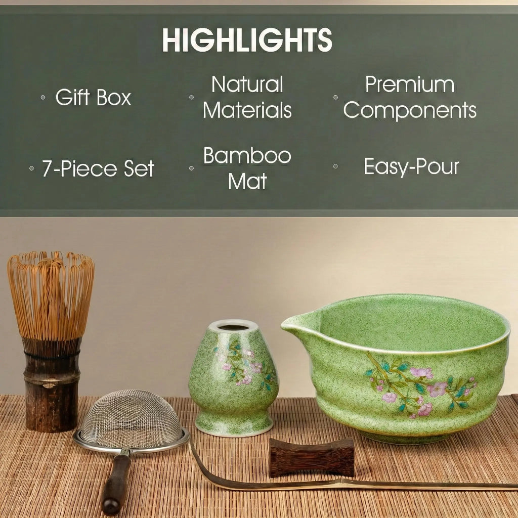 7-Piece Matcha Set with Ceramic Matcha Bowl, Bamboo Whisk (Chasen) & Holder, Sifter, Tea Scoop & Rest, Special Bamboo Tea Mat - Perfect Matcha Kit for Matcha Lovers & Gift Giving, Gilded - Crema Peaks Coffee