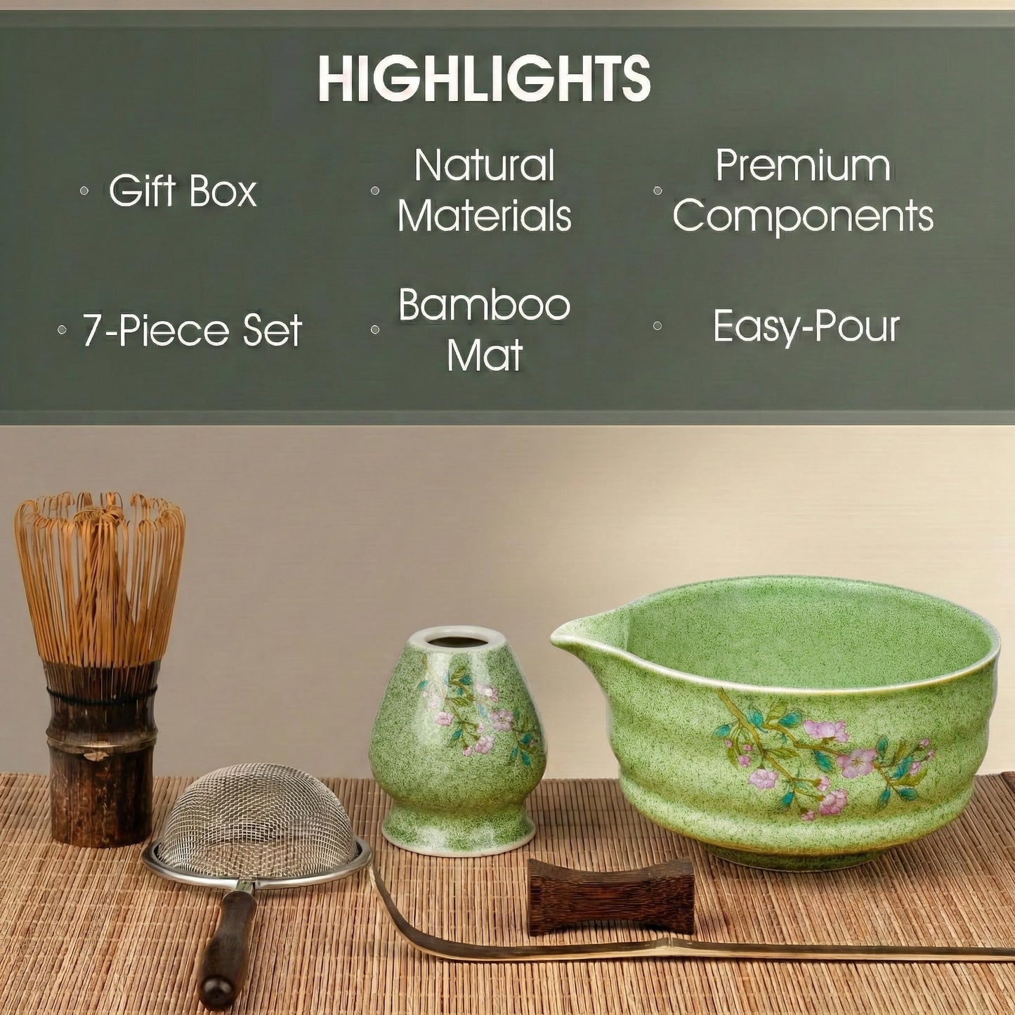 7-Piece Matcha Set with Ceramic Matcha Bowl, Bamboo Whisk (Chasen) & Holder, Sifter, Tea Scoop & Rest, Special Bamboo Tea Mat - Perfect Matcha Kit for Matcha Lovers & Gift Giving, Gilded