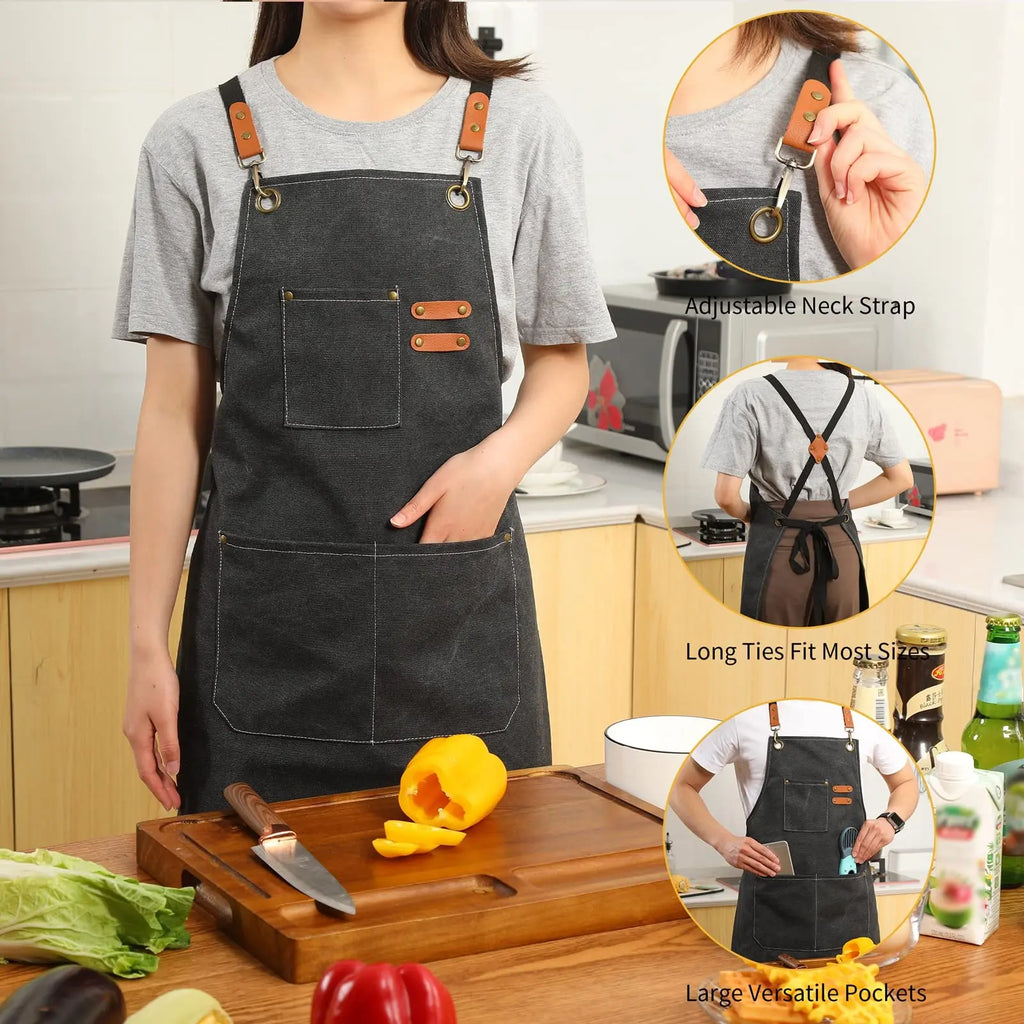 Canvas Cross Back Chef Cotton Aprons for Men Women with Large Pockets - Crema Peaks Coffee