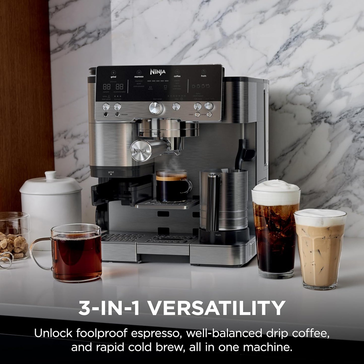 Ninja Luxe Café 3-in-1 Espresso, Drip Coffee and Cold Brew Machine | Integrated Coffee Grinder, Milk Frother, Assisted Tamper & Built-In Espresso Accessory Storage | Stainless Steel | ES601