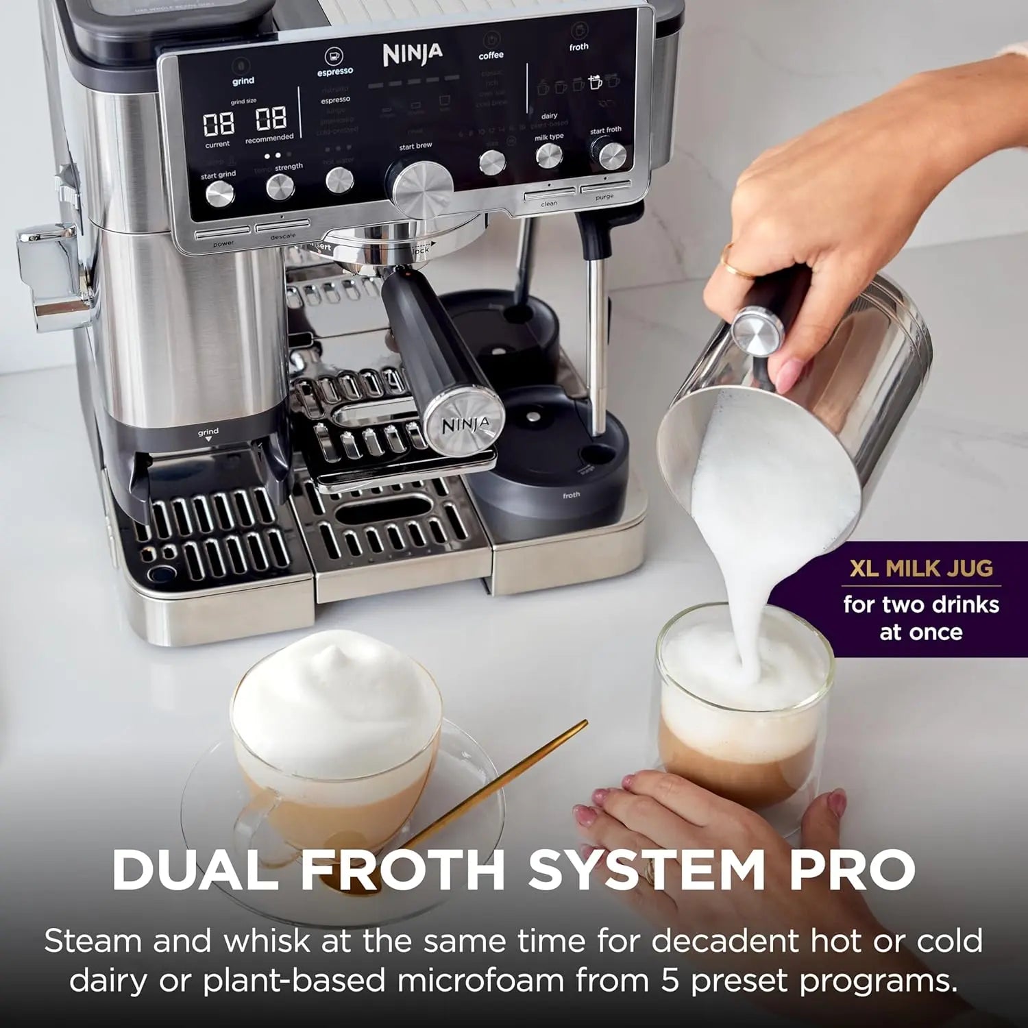 Ninja Luxe Café Pro Series, Espresso Machine, Drip Coffee, Cold Brew, Hot Water, Integrated Tamper, Built-in Grinder, Hands-Free Frother for Cappuccinos, Lattes, Americanos, Dairy or Non-Dairy, ES701 - Crema Peaks Coffee