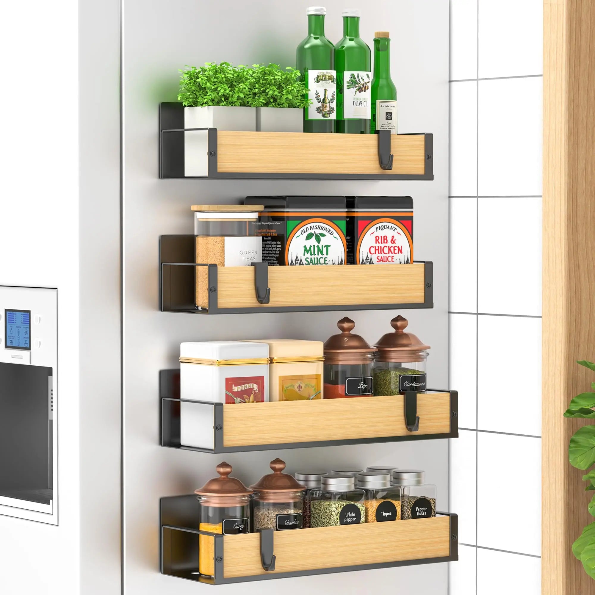 4 Pack Metal Magnetic Spice Storage Rack Organizer for Refrigerator and Oven, Black Fridge Organizers and Storage - Crema Peaks Coffee