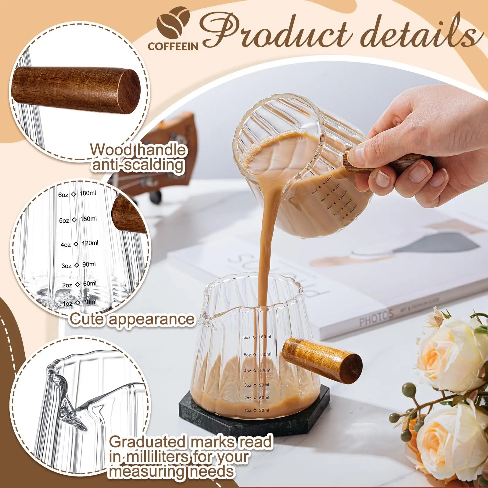 1 Pcs Espresso Shot Glass with Handle, 6 oz/180 ml Espresso Cup with Single V-shaped Mouth, Measuring Cup for Milk Tea Coffee Bar Accessories (Clear) - Crema Peaks Coffee