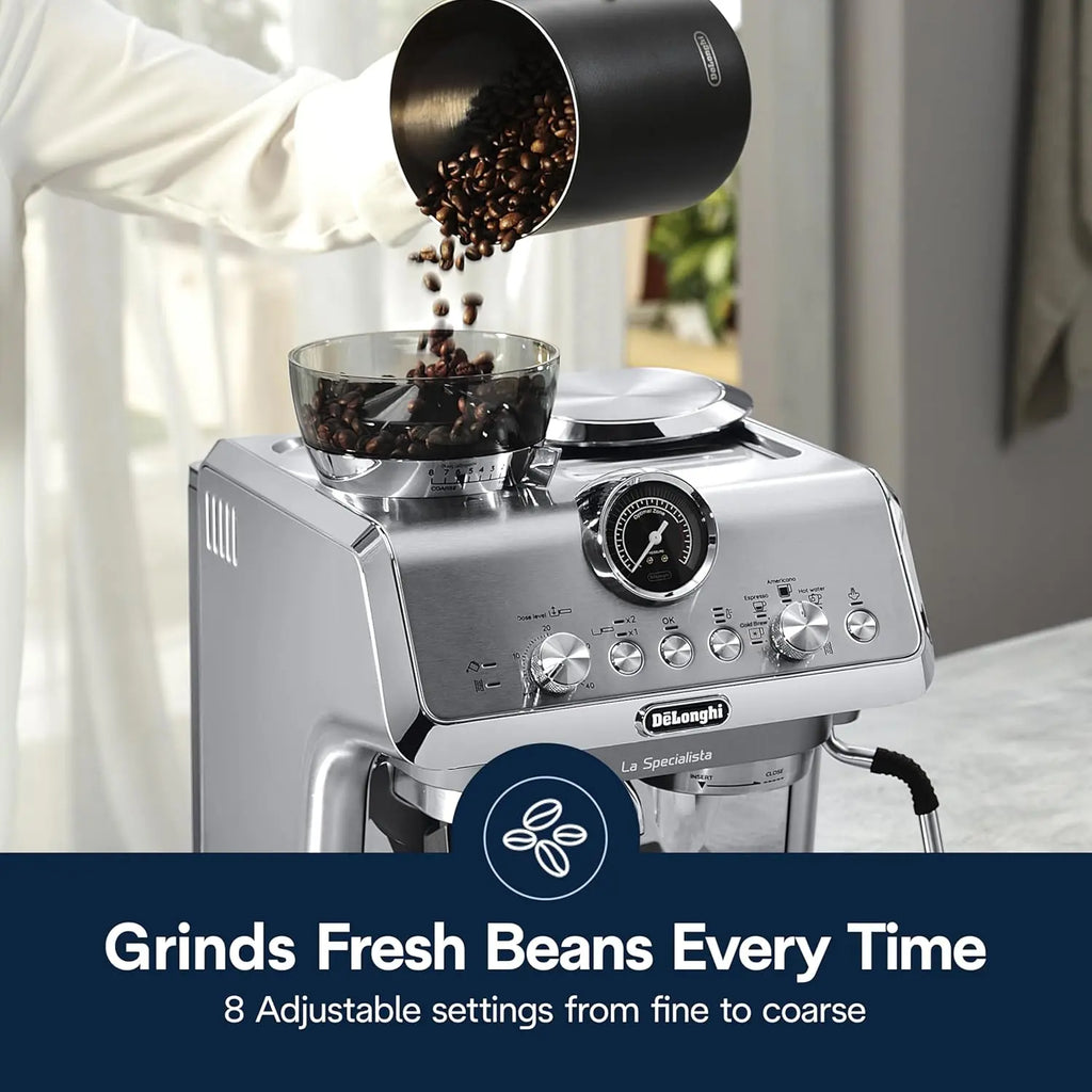 De'Longhi La Specialista Arte Evo Espresso Machine - Compact Cold Brew Coffee Maker with Grinder, Milk Steam Wand/Frother & Tamping Tools - Home Barista Kit for Lattes, Cappuccinos, Iced Coffee - Crema Peaks Coffee