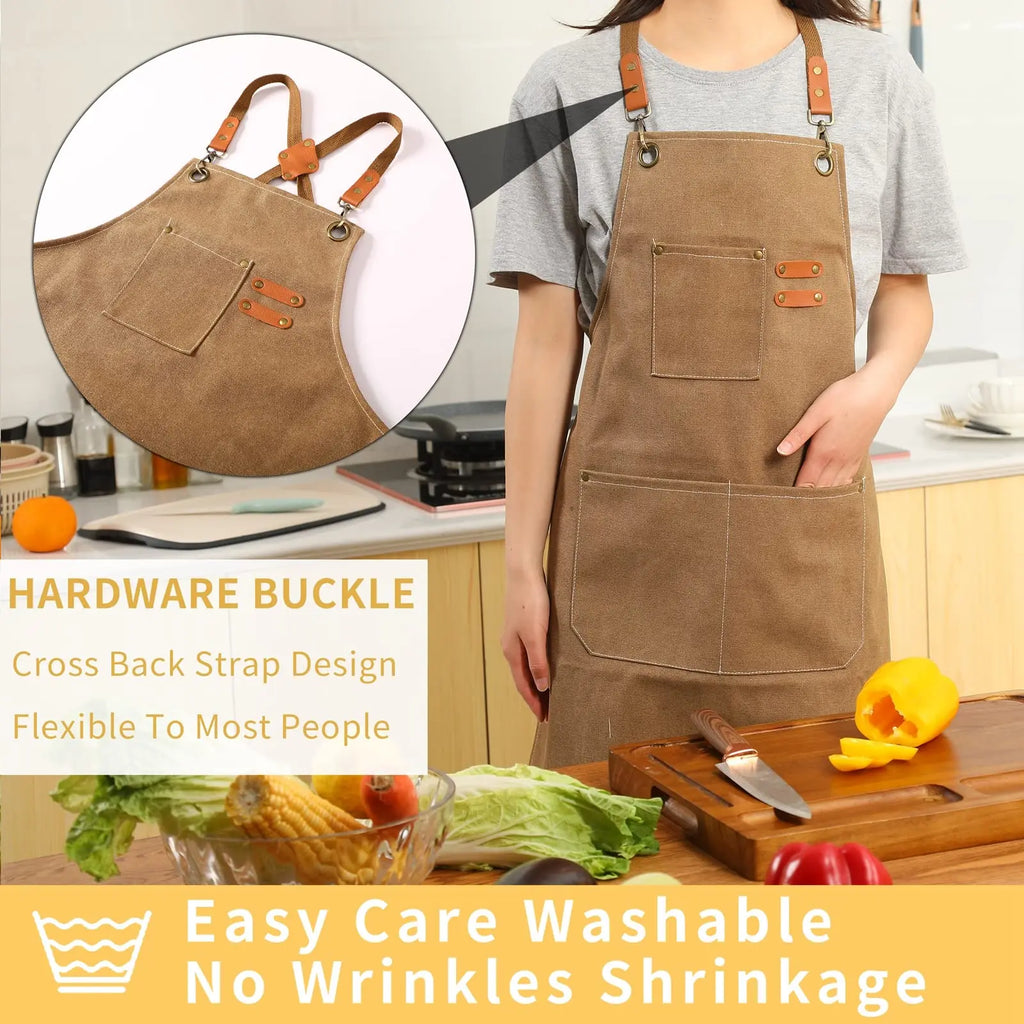 Canvas Cross Back Chef Cotton Aprons for Men Women with Large Pockets - Crema Peaks Coffee
