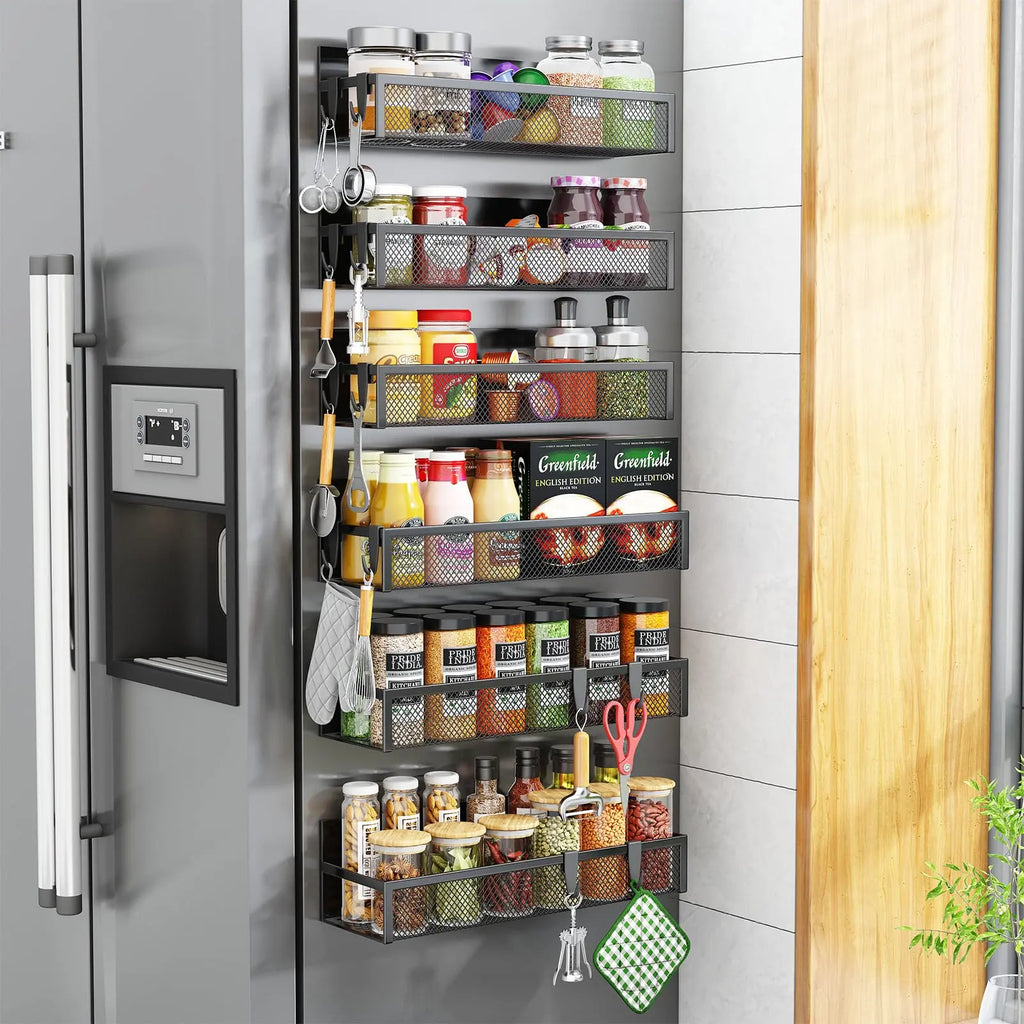 Magnetic Spice Rack for Refrigerator, 3 Pack Magnetic Shelf, Moveable Fridge Organizer with 8-Hook Rack, Seasoning Organizer for Kitchen - Crema Peaks Coffee