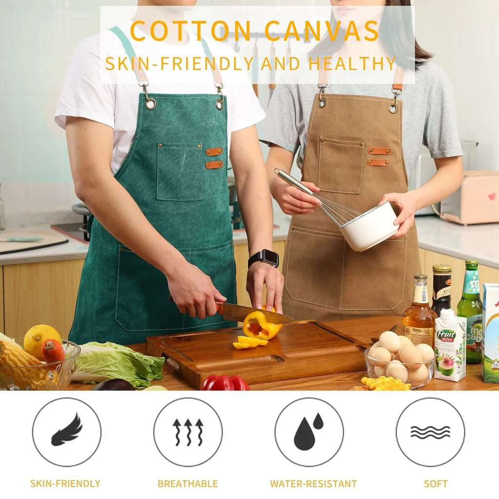 Canvas Cross Back Chef Cotton Aprons for Men Women with Large Pockets - Crema Peaks Coffee