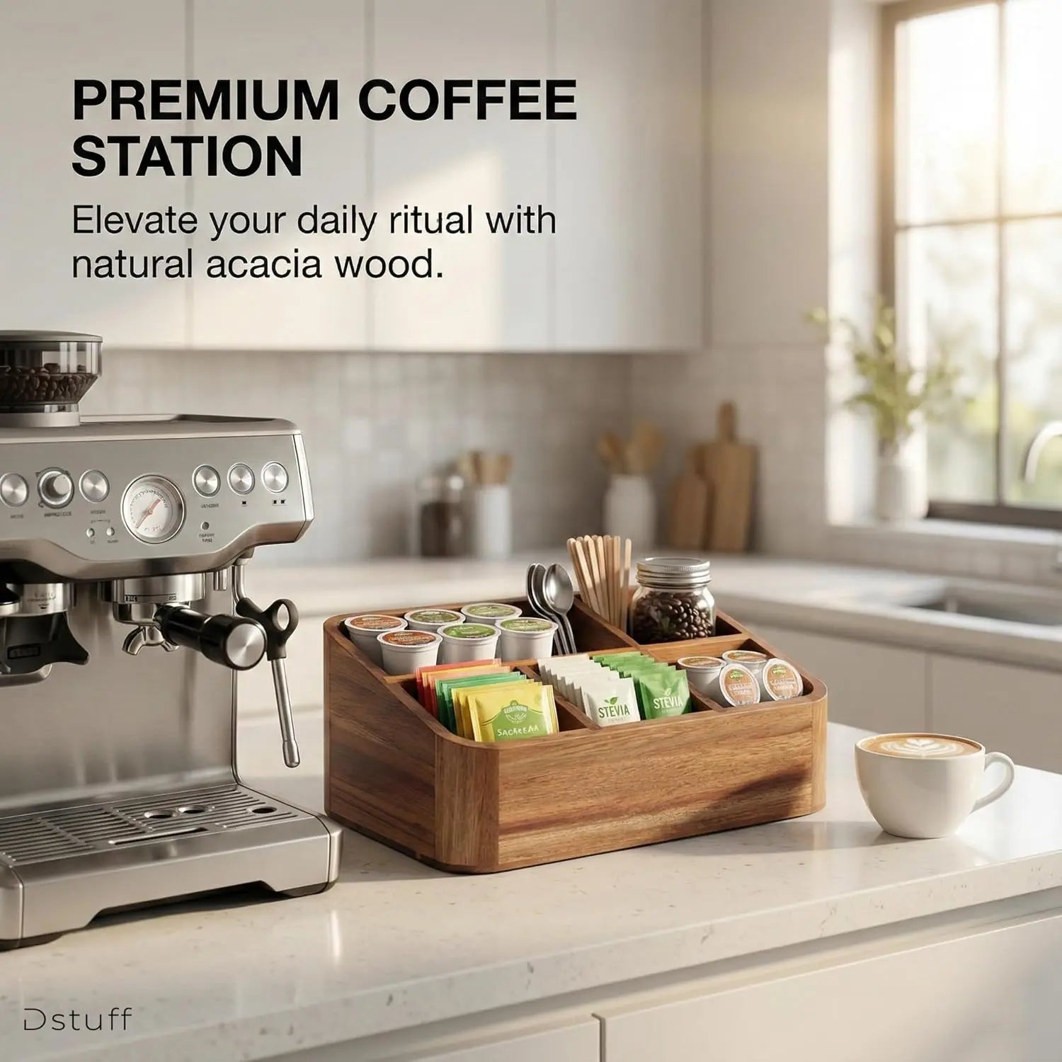 Acacia Wood Coffee Station Organizer for Countertop, Tea Organizer and Holder, Coffee Bar Caddy with Multiple Compartments for Home and Office Decor - Crema Peaks Coffee