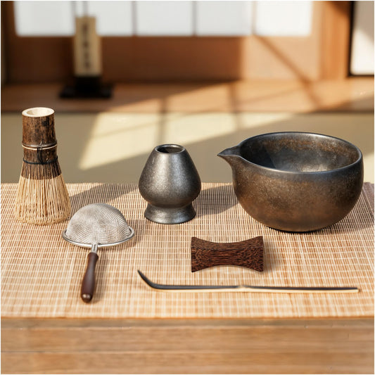 7-Piece Matcha Set with Ceramic Matcha Bowl, Bamboo Whisk (Chasen) & Holder, Sifter, Tea Scoop & Rest, Special Bamboo Tea Mat - Perfect Matcha Kit for Matcha Lovers & Gift Giving, Gilded