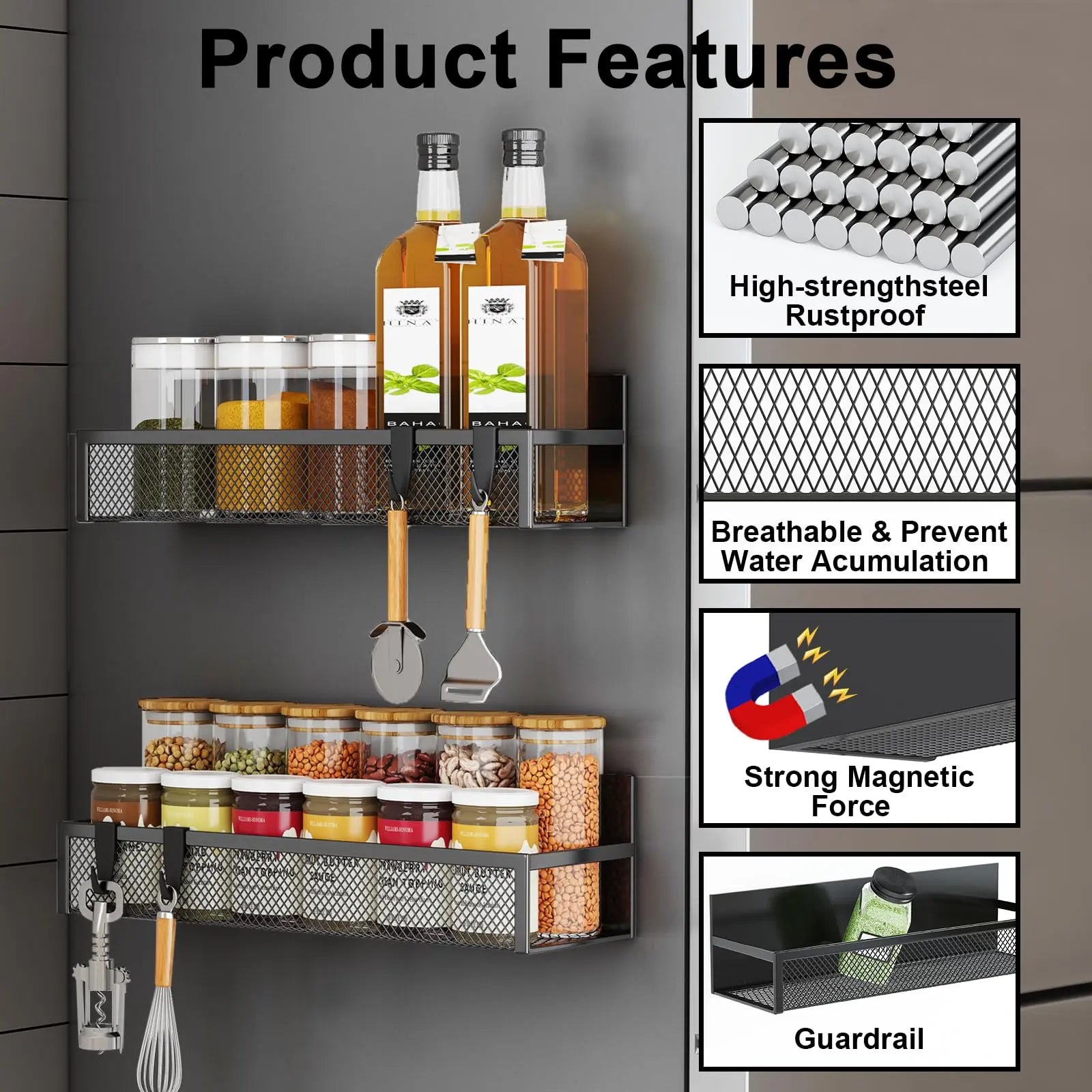Magnetic Spice Rack for Refrigerator, 3 Pack Magnetic Shelf, Moveable Fridge Organizer with 8-Hook Rack, Seasoning Organizer for Kitchen - Crema Peaks Coffee