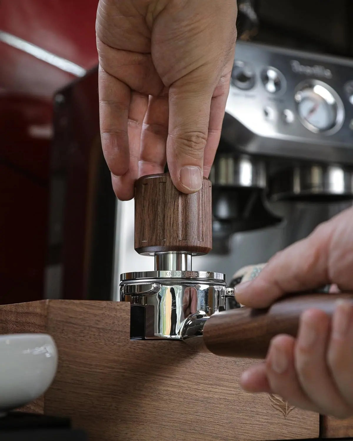 Echo Tamper 58mm – Walnut Calibrated Coffee Tamper with Click Feedback, Stainless Steel Base – Premium 30LB Spring-Loaded Espresso Tool for Perfectly Even Tamping Pressure - Crema Peaks Coffee