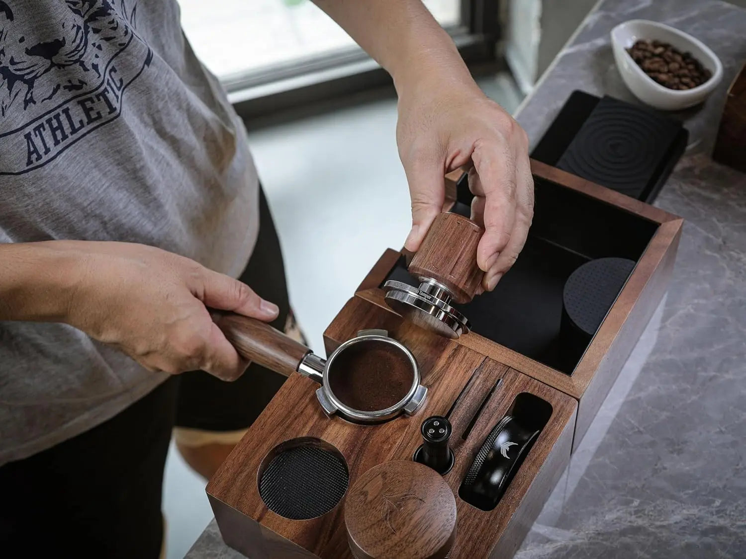 Echo Tamper 58mm – Walnut Calibrated Coffee Tamper with Click Feedback, Stainless Steel Base – Premium 30LB Spring-Loaded Espresso Tool for Perfectly Even Tamping Pressure - Crema Peaks Coffee