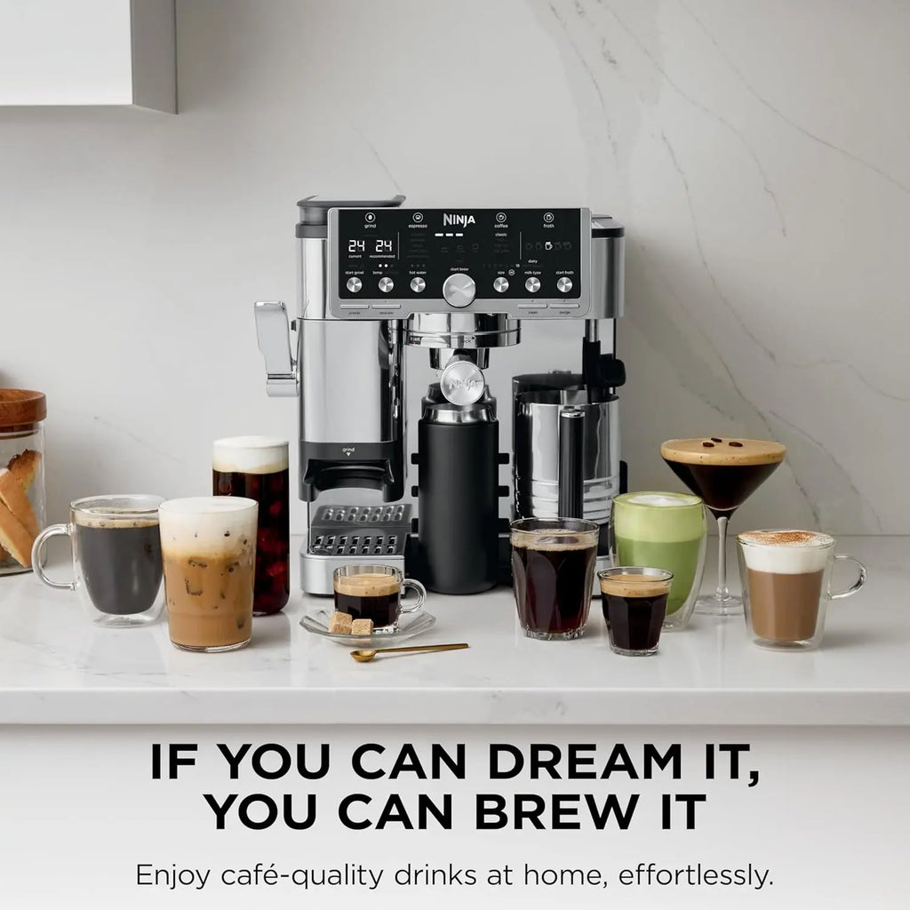 Ninja Luxe Café Pro Series, Espresso Machine, Drip Coffee, Cold Brew, Hot Water, Integrated Tamper, Built-in Grinder, Hands-Free Frother for Cappuccinos, Lattes, Americanos, Dairy or Non-Dairy, ES701 - Crema Peaks Coffee