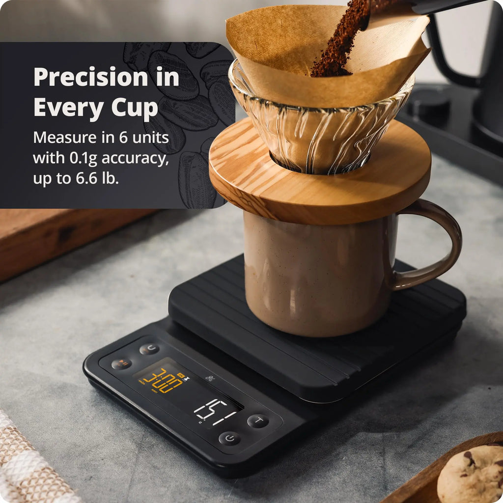 Coffee Scale by Greater Goods with Timer – 0.1g Precision Digital Coffee & Espresso Scale for Pour-Over, Coffee Bean Weighing, Barista Brewing, Waterproof Cover, 3kg Capacity (Onyx Black) - Crema Peaks Coffee
