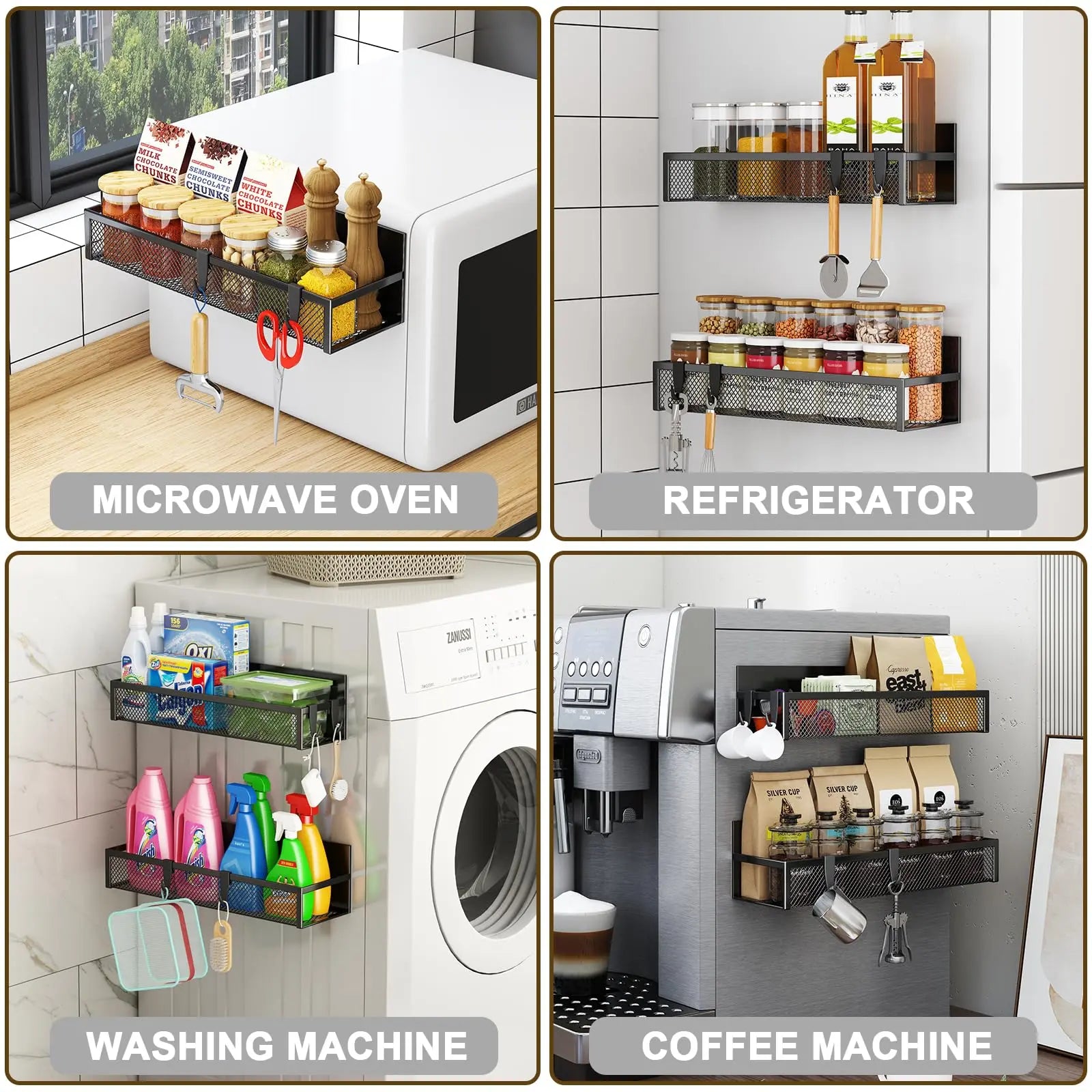 Magnetic Spice Rack for Refrigerator, 3 Pack Magnetic Shelf, Moveable Fridge Organizer with 8-Hook Rack, Seasoning Organizer for Kitchen - Crema Peaks Coffee