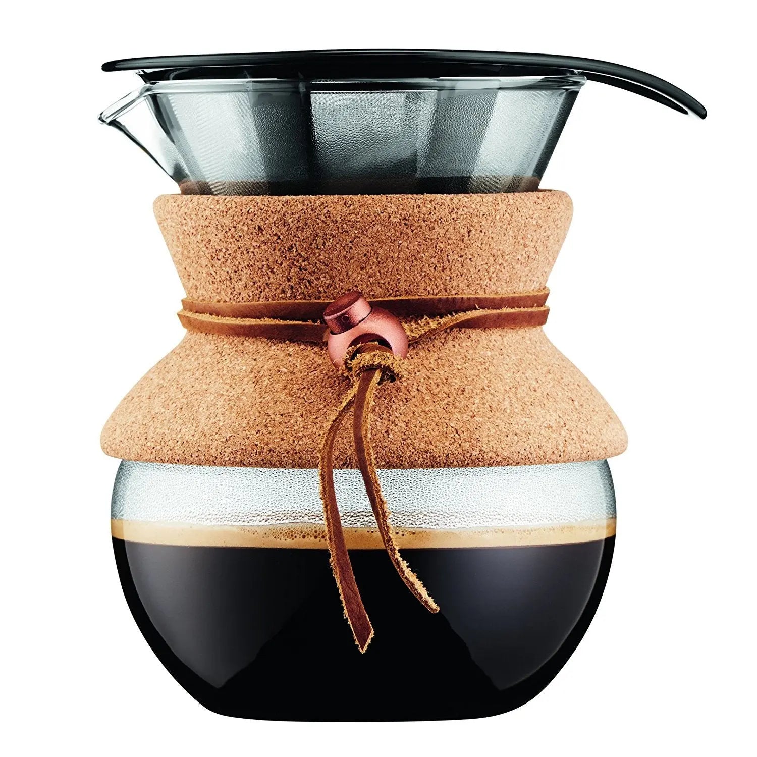 Bodum 34oz Pour Over Coffee Maker, High-Heat Borosilicate Glass with Reusable Stainless Steel Filter and Cork Grip - Made in Portugal - Crema Peaks Coffee