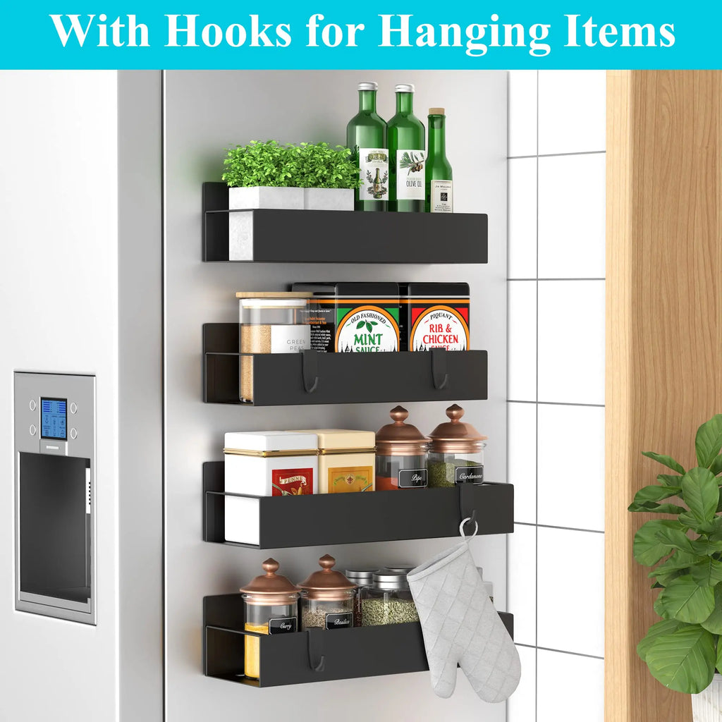 4 Pack Metal Magnetic Spice Storage Rack Organizer for Refrigerator and Oven, Black Fridge Organizers and Storage - Crema Peaks Coffee