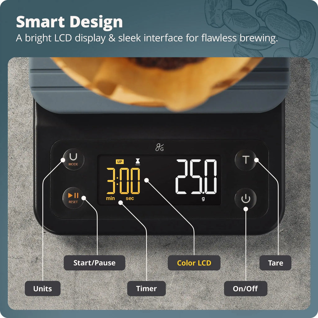 Coffee Scale by Greater Goods with Timer – 0.1g Precision Digital Coffee & Espresso Scale for Pour-Over, Coffee Bean Weighing, Barista Brewing, Waterproof Cover, 3kg Capacity (Onyx Black) - Crema Peaks Coffee