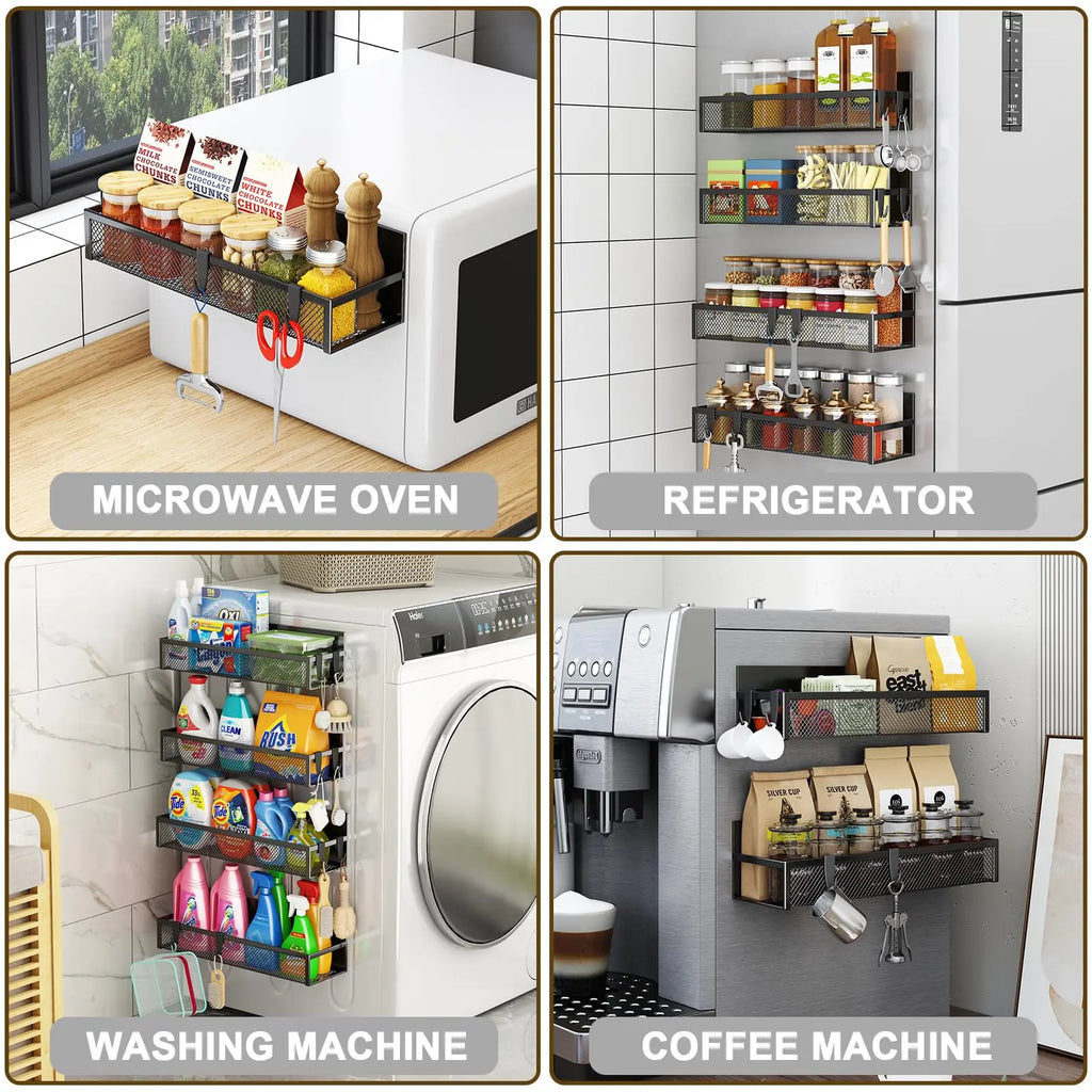 Magnetic Spice Rack for Refrigerator, 3 Pack Magnetic Shelf, Moveable Fridge Organizer with 8-Hook Rack, Seasoning Organizer for Kitchen - Crema Peaks Coffee