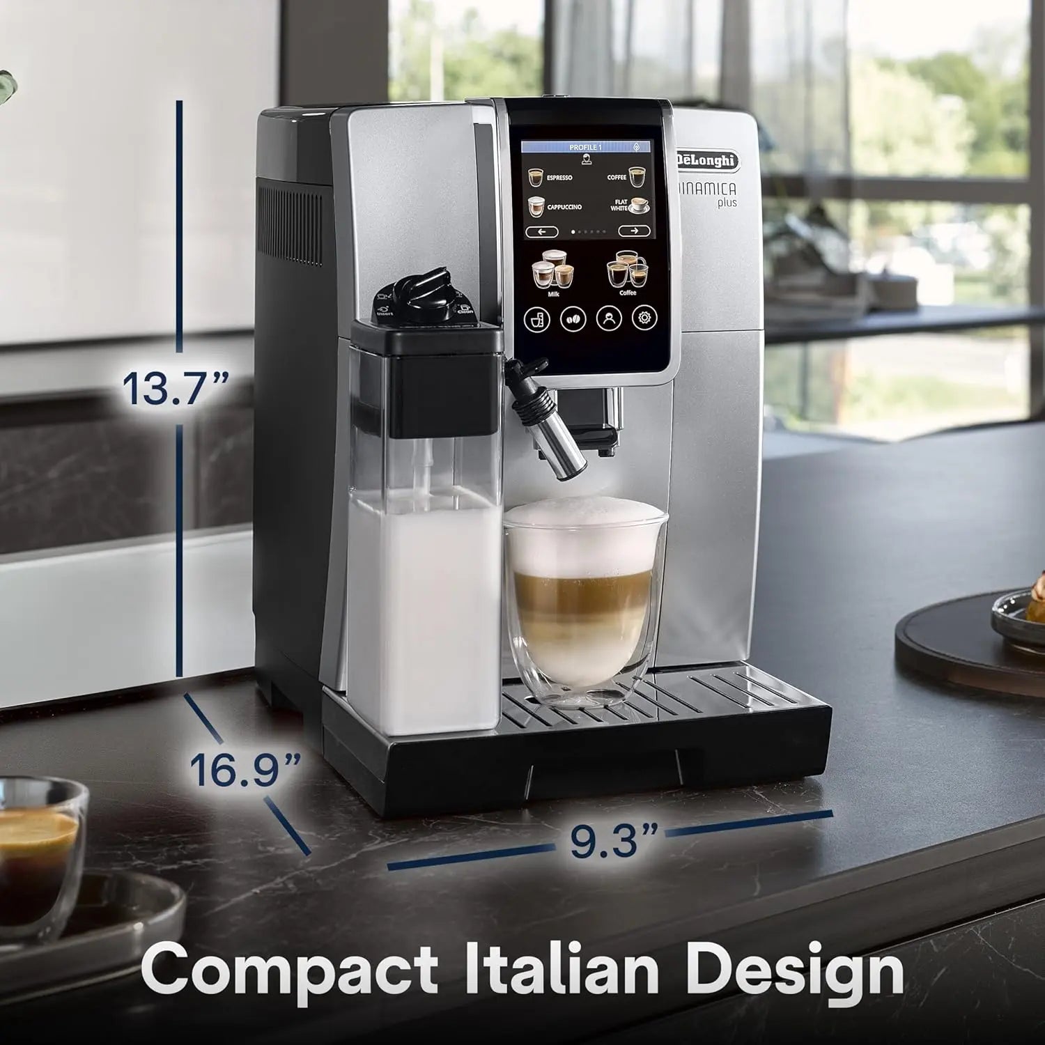 De'Longhi Dinamica Plus Fully Automatic Espresso Machine - Brew Personalized Coffee for up to 4 User Profiles, 24+ Recipes, Built in Grinder & Automatic Milk Steam Wand with 3 Frother Modes - Crema Peaks Coffee