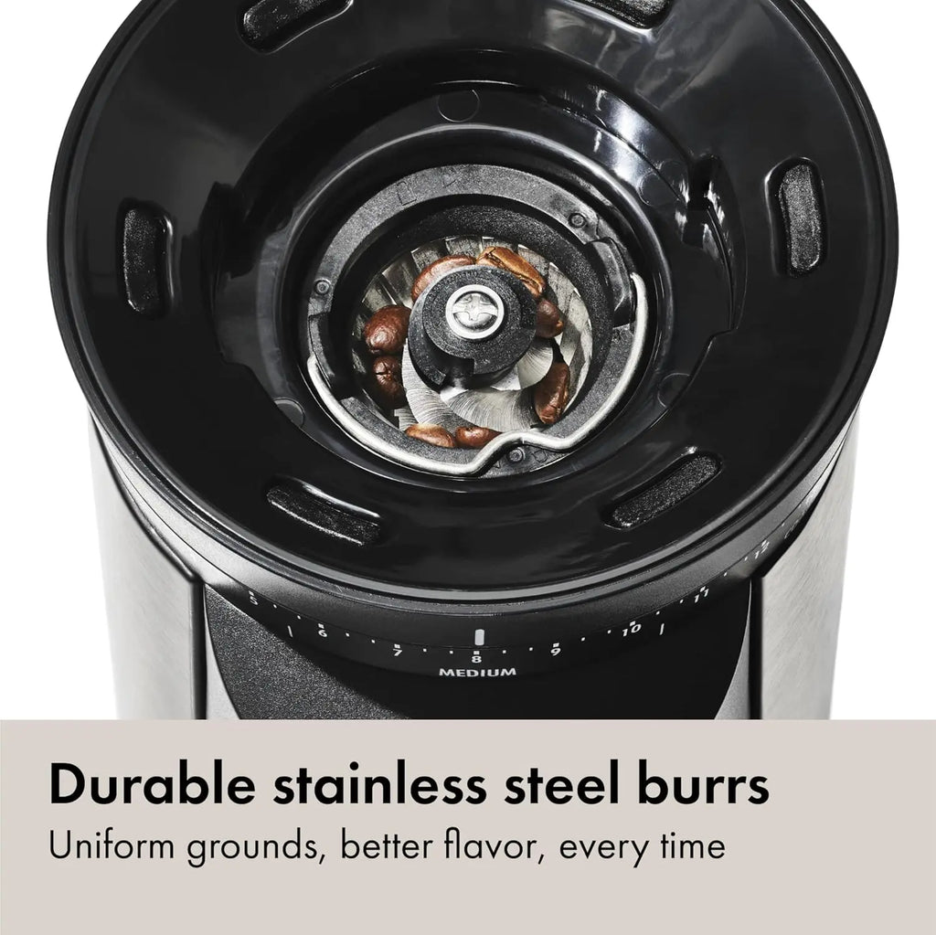 OXO Brew Conical Burr Coffee Grinder - Silver, Stainless Steel Burrs, One-Touch Automatic Smart Grind - Crema Peaks Coffee