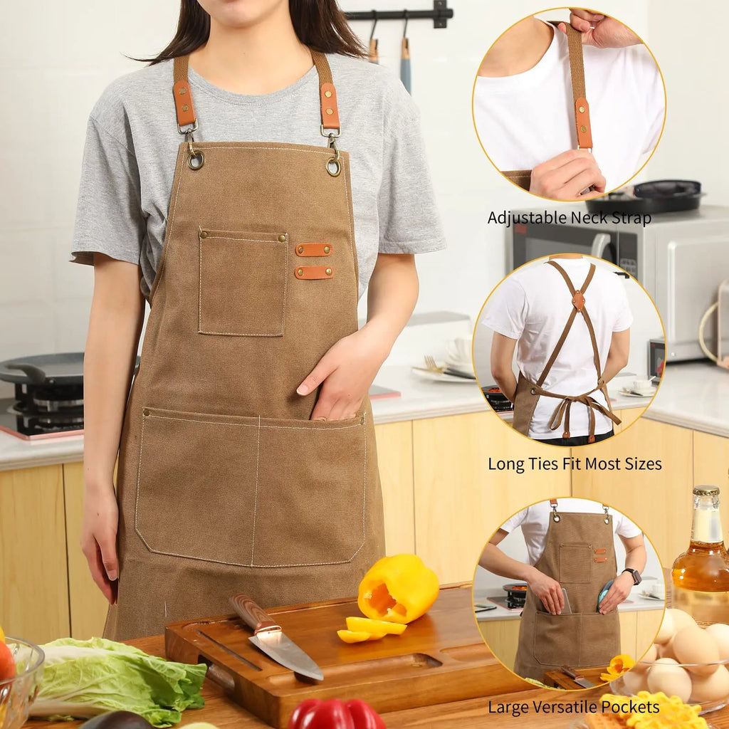 Canvas Cross Back Chef Cotton Aprons for Men Women with Large Pockets - Crema Peaks Coffee