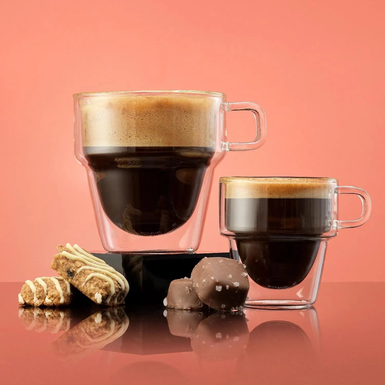 Double Wall Insulated Espresso Glass Cups by JoyJolt Stoiva – 5 oz. (150 ml) Shot Cup with Handle – Stackable Thermal Clear Glass Cups, Fit for Espresso Machine and Coffee Maker – Set of 4 - Crema Peaks Coffee