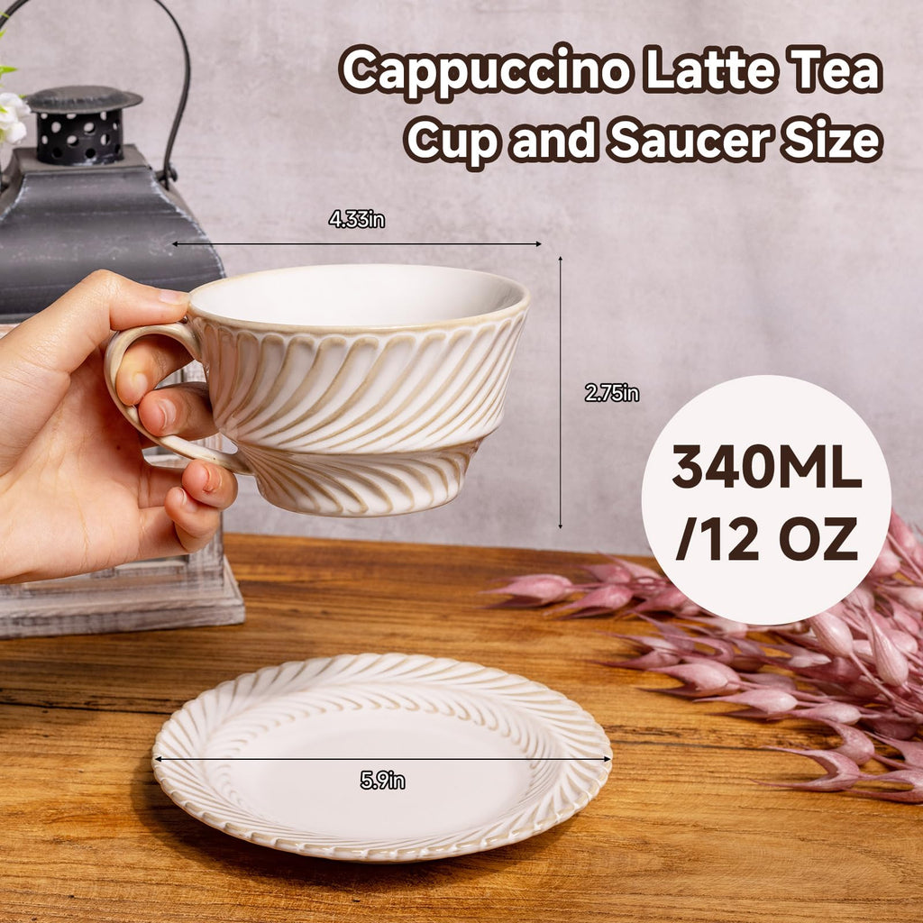 12 OZ Latte Cup with Saucer, Cappuccino Cup Vintage Cafe Art Cups for Espresso Turkish Coffee, Farmhouse Latte Mugs Tea Cups and Saucers Porcelain Set for Christmas Thanksgiving Day Gift - Crema Peaks Coffee