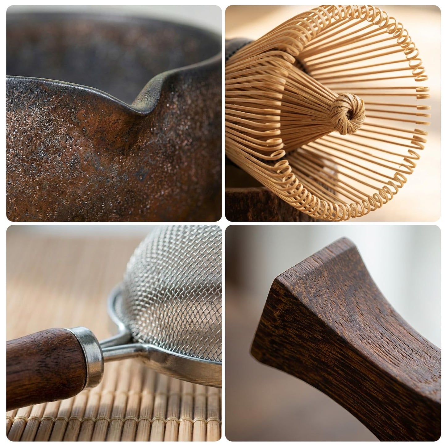 7-Piece Matcha Set with Ceramic Matcha Bowl, Bamboo Whisk (Chasen) & Holder, Sifter, Tea Scoop & Rest, Special Bamboo Tea Mat - Perfect Matcha Kit for Matcha Lovers & Gift Giving, Gilded