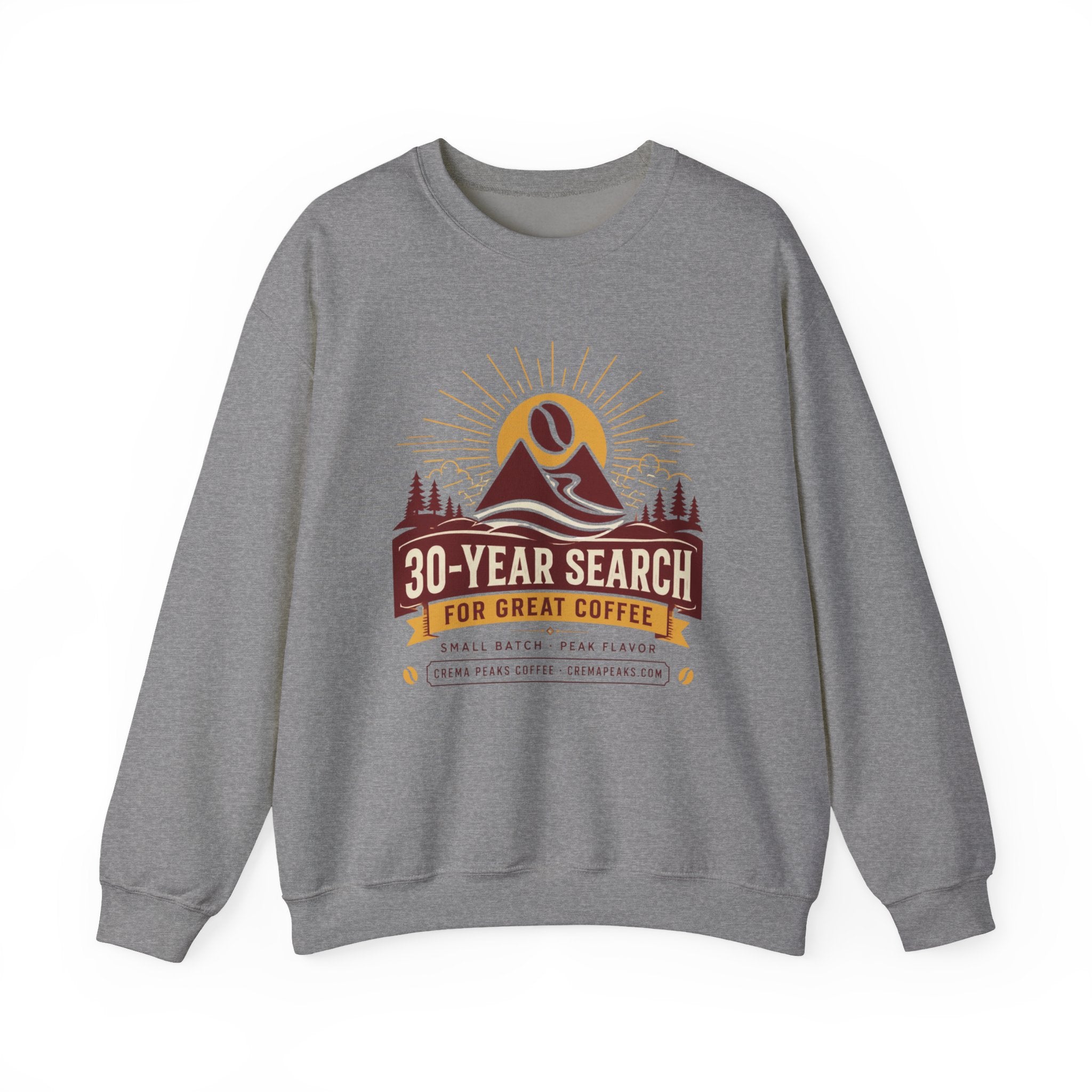 Coffee Adventure Sweatshirt — "30-Year Search for Great Coffee" Retro Mountain Crewneck