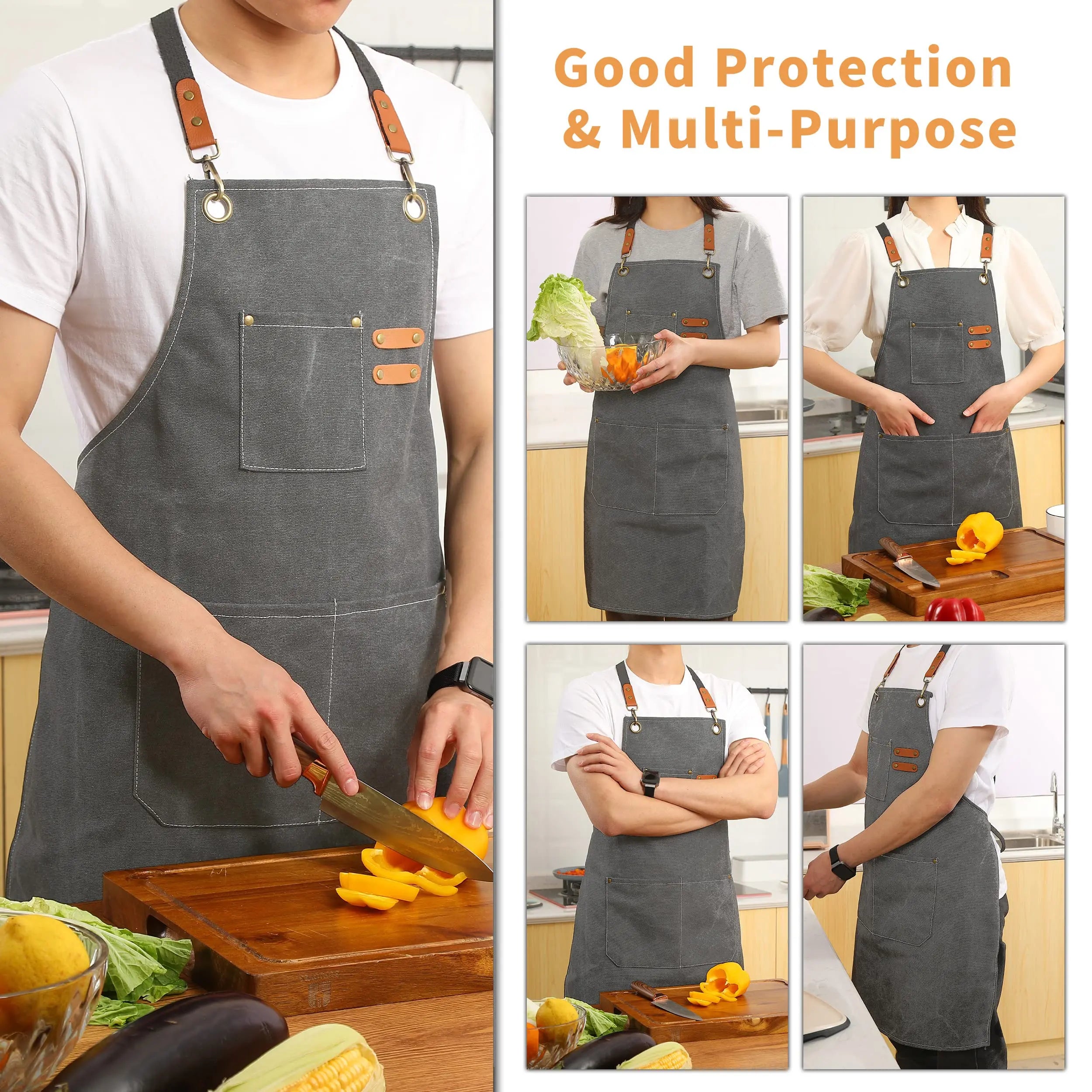 Canvas Cross Back Chef Cotton Aprons for Men Women with Large Pockets - Crema Peaks Coffee