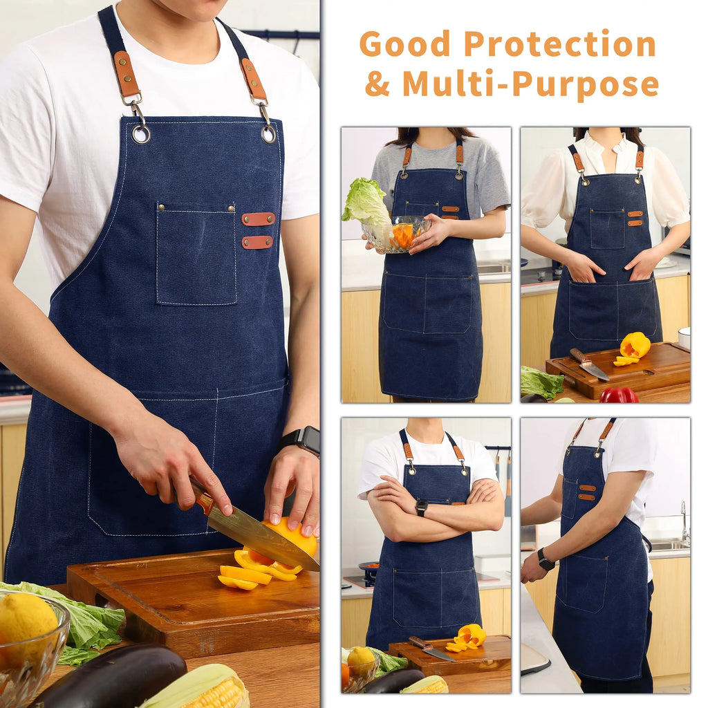 Canvas Cross Back Chef Cotton Aprons for Men Women with Large Pockets - Crema Peaks Coffee