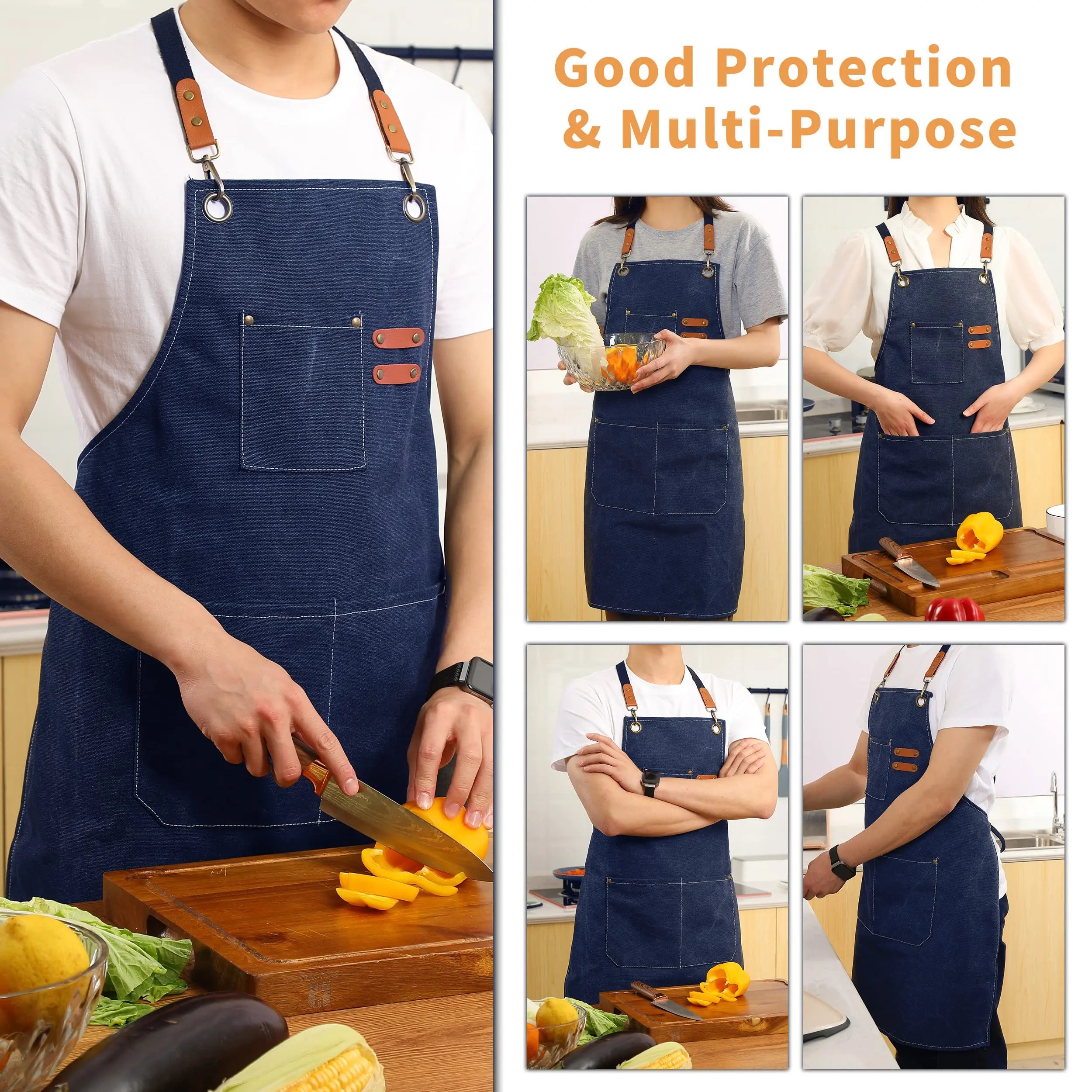 Canvas Cross Back Chef Cotton Aprons for Men Women with Large Pockets - Crema Peaks Coffee