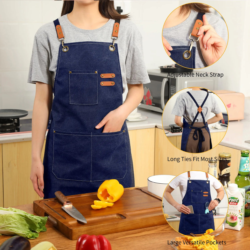 Canvas Cross Back Chef Cotton Aprons for Men Women with Large Pockets - Crema Peaks Coffee
