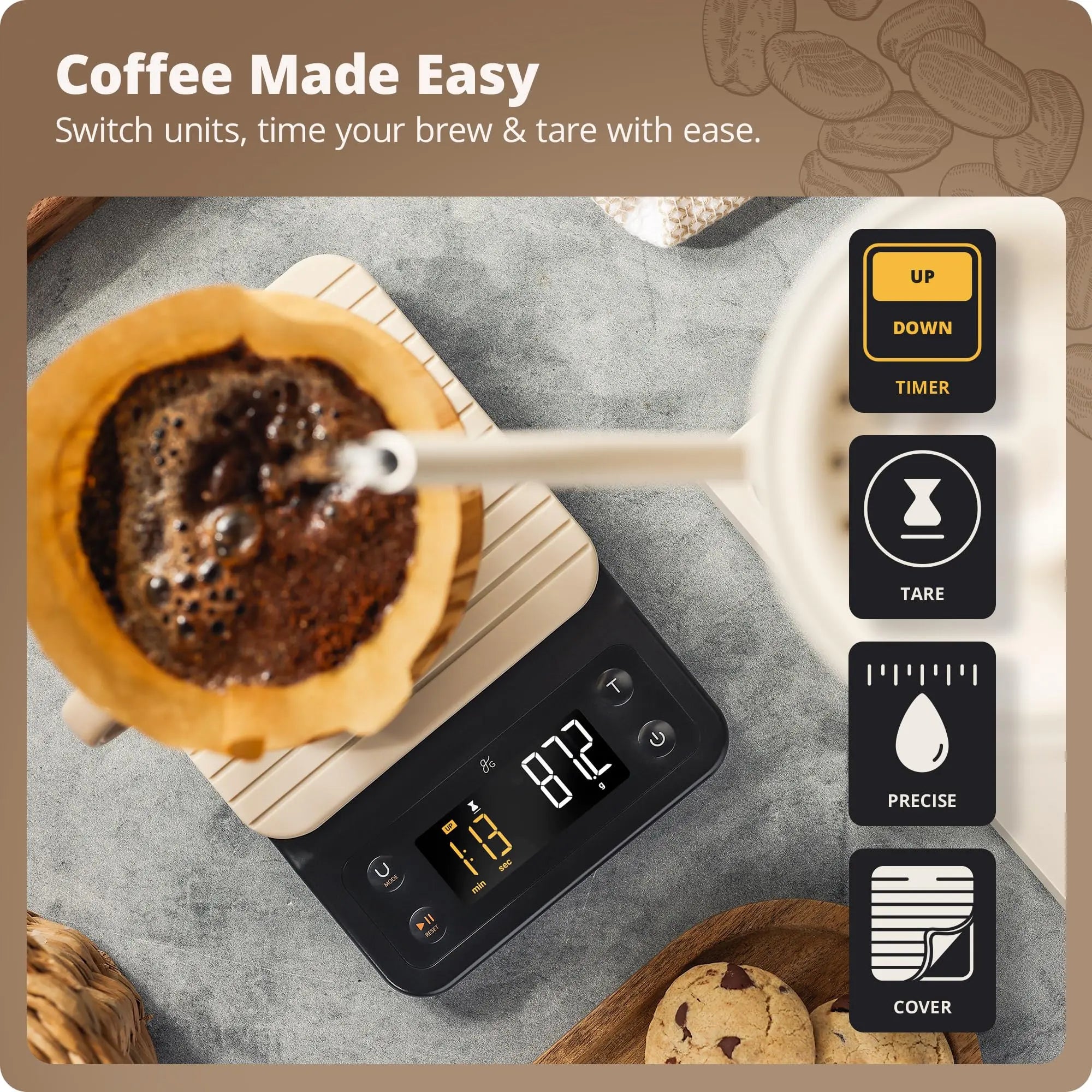 Coffee Scale by Greater Goods with Timer – 0.1g Precision Digital Coffee & Espresso Scale for Pour-Over, Coffee Bean Weighing, Barista Brewing, Waterproof Cover, 3kg Capacity (Onyx Black) - Crema Peaks Coffee