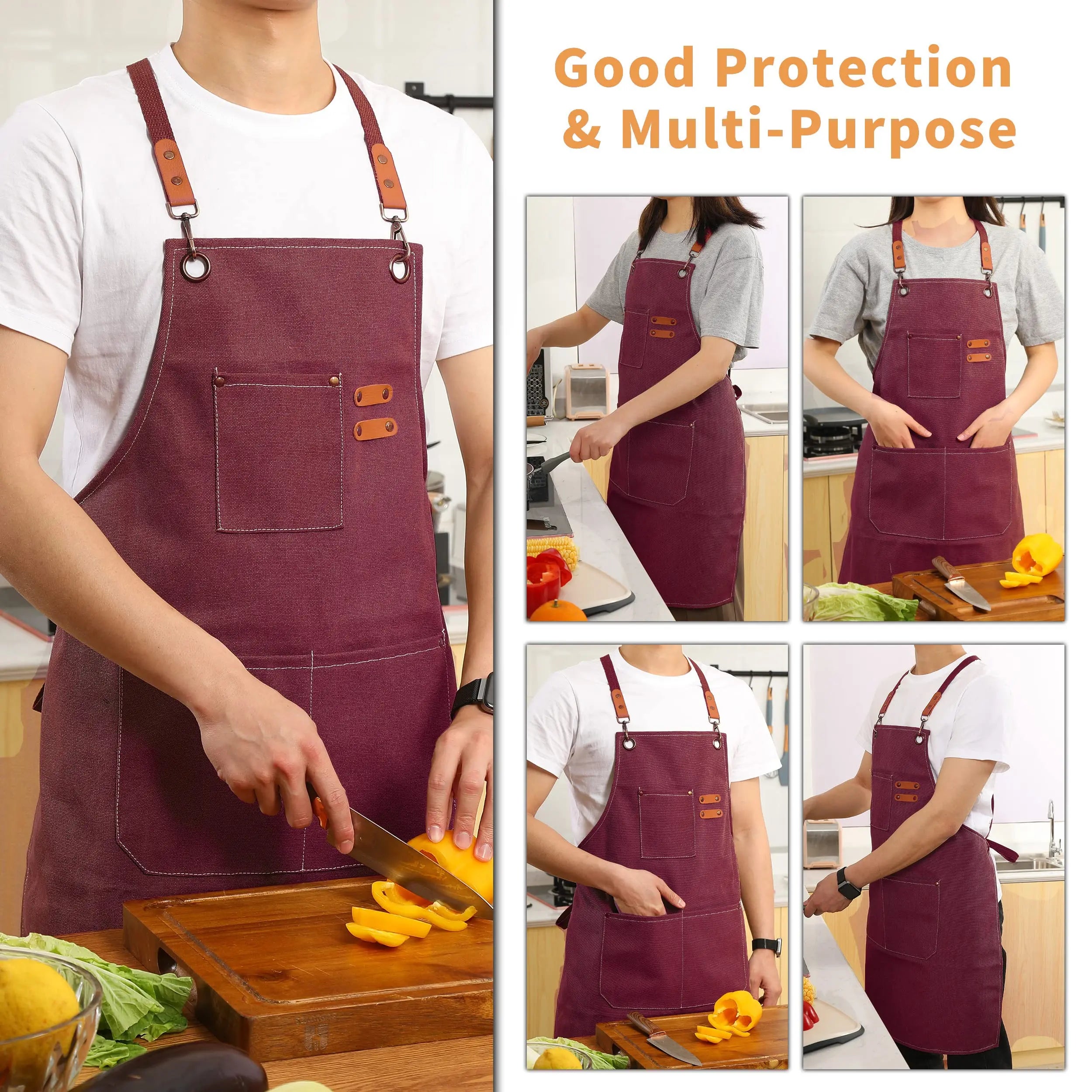 Canvas Cross Back Chef Cotton Aprons for Men Women with Large Pockets - Crema Peaks Coffee