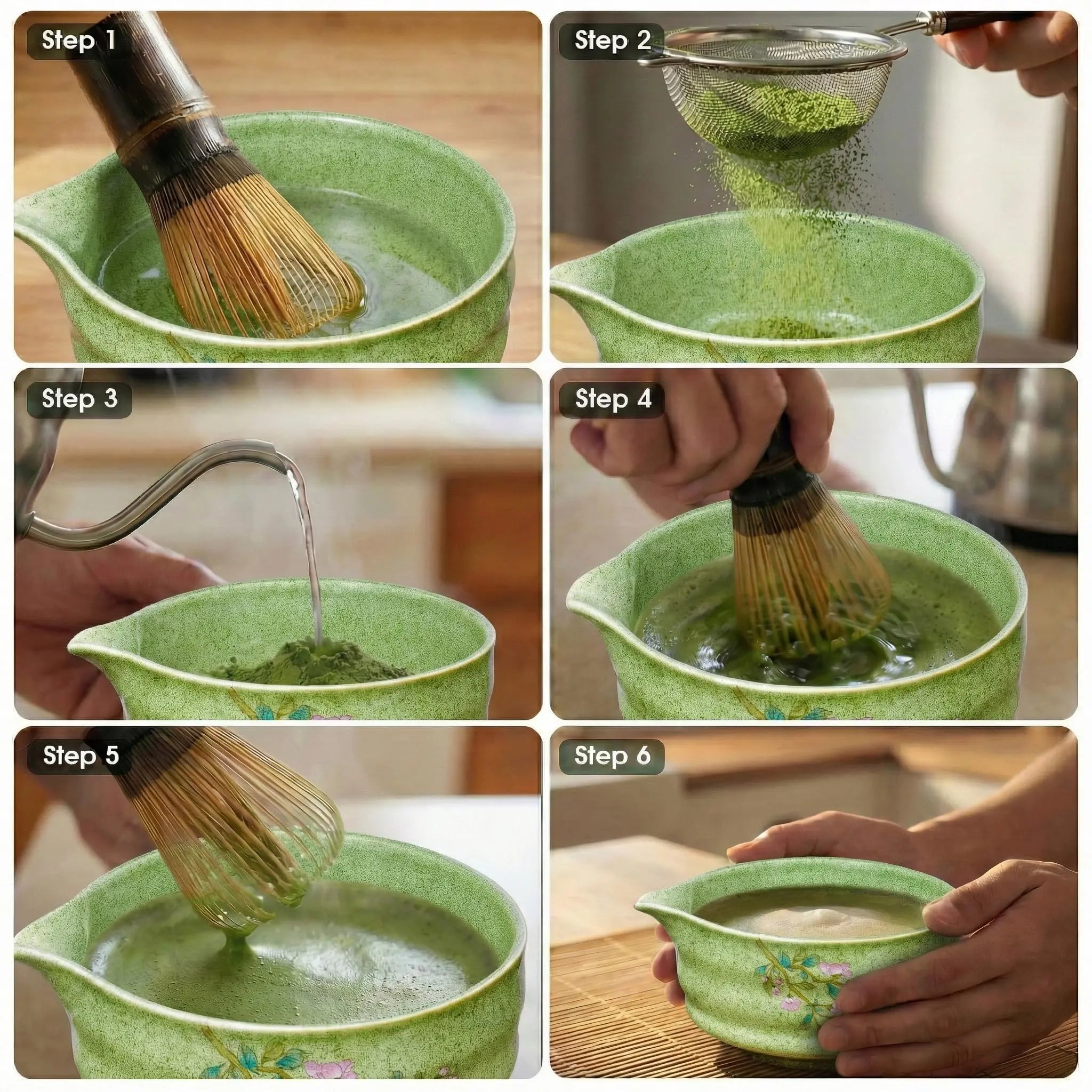 7-Piece Matcha Set with Ceramic Matcha Bowl, Bamboo Whisk (Chasen) & Holder, Sifter, Tea Scoop & Rest, Special Bamboo Tea Mat - Perfect Matcha Kit for Matcha Lovers & Gift Giving, Gilded - Crema Peaks Coffee